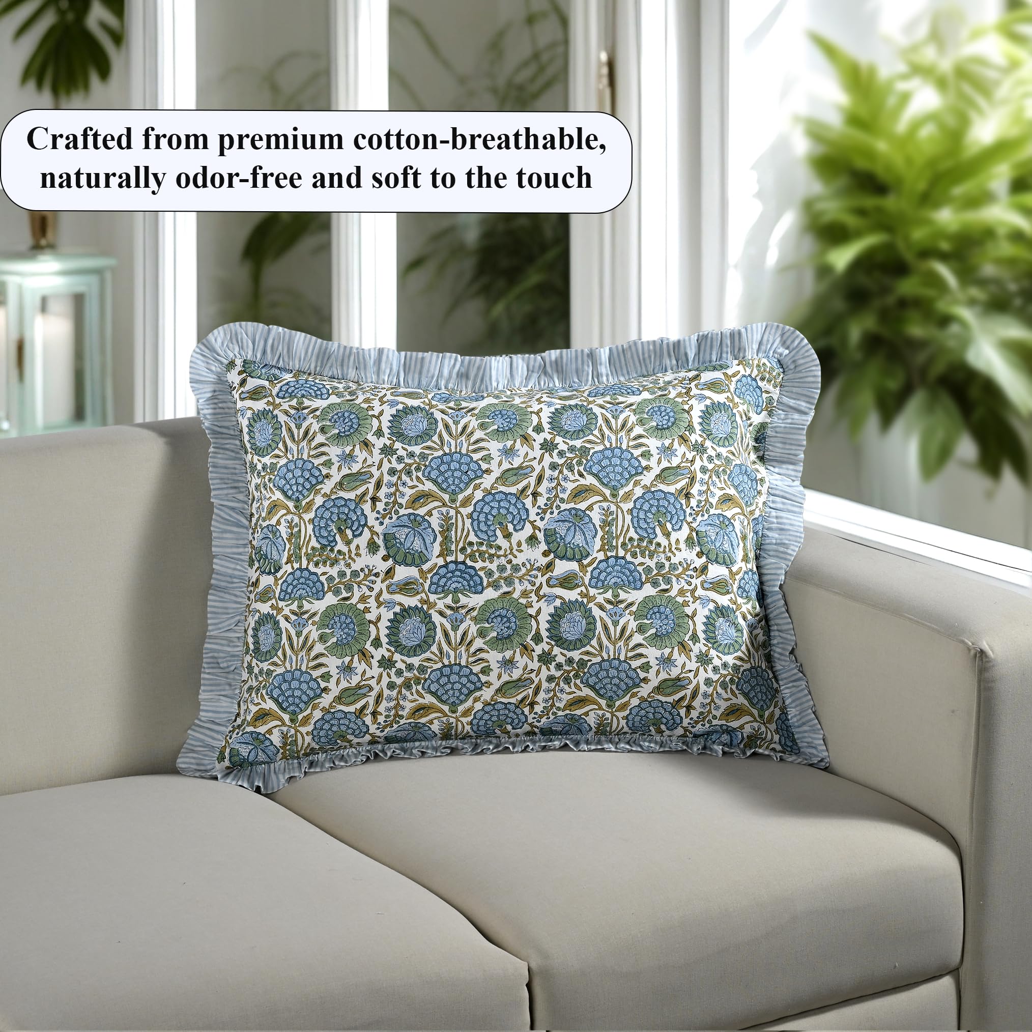 Ridhi Asparagus Green 100% Cotton Block Print Ruffle Bed Sham Cover 20''×26'' Boho Floral Pillowcase, Bedroom Decor, Cottagecore, Soft Decorative Cushion Cover Gift for Spring, Easter, Valentine - Image 4