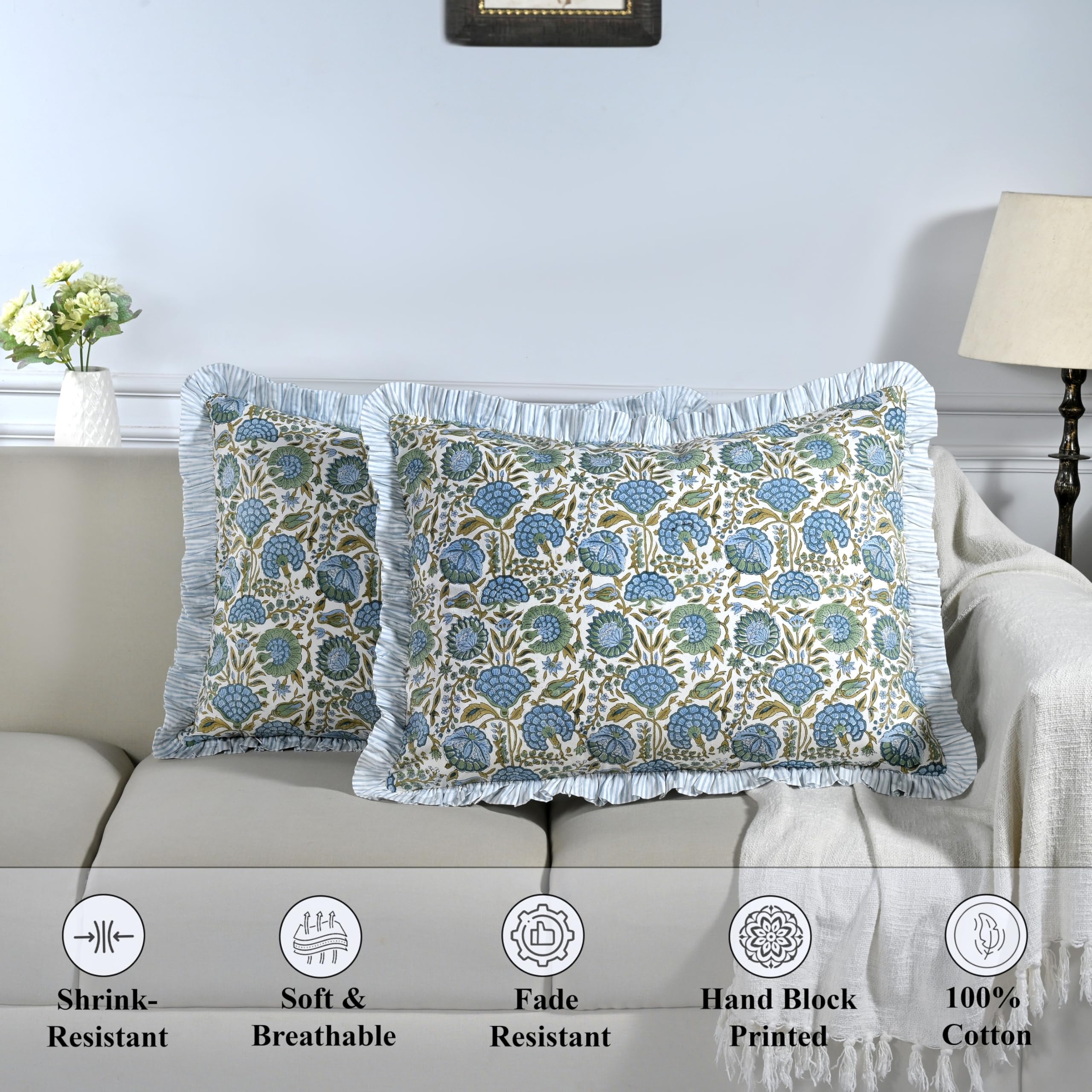 Ridhi Asparagus Green 100% Cotton Block Print Ruffle Bed Sham Cover 20''×26'' Boho Floral Pillowcase, Bedroom Decor, Cottagecore, Soft Decorative Cushion Cover Gift for Spring, Easter, Valentine - Image 5