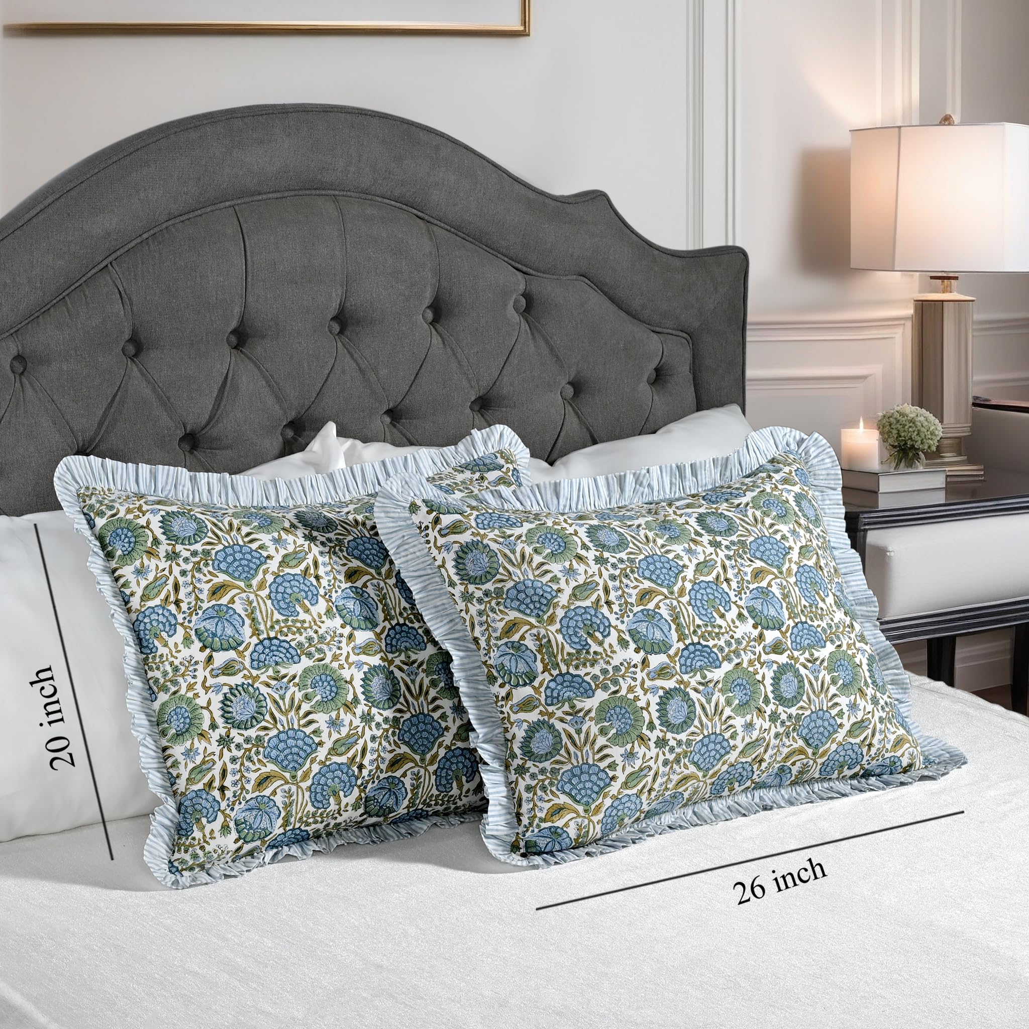 Ridhi Asparagus Green 100% Cotton Block Print Ruffle Bed Sham Cover 20''×26'' Boho Floral Pillowcase, Bedroom Decor, Cottagecore, Soft Decorative Cushion Cover Gift for Spring, Easter, Valentine - Image 6