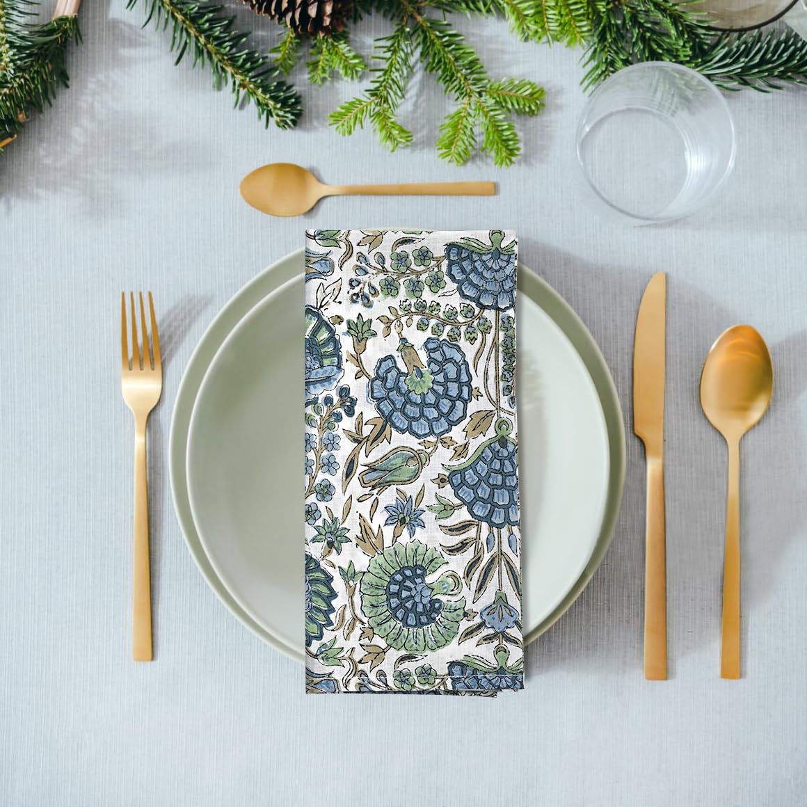 Ridhi Asparagus Green Hand Block Print 100% Cotton Napkins 18" x 18" (Set of 4) Reuseable Kitchen Napkins Cloth Decor Dinner Party Wedding Cocktail Gift for Spring, Easter, Valentine - Image 4