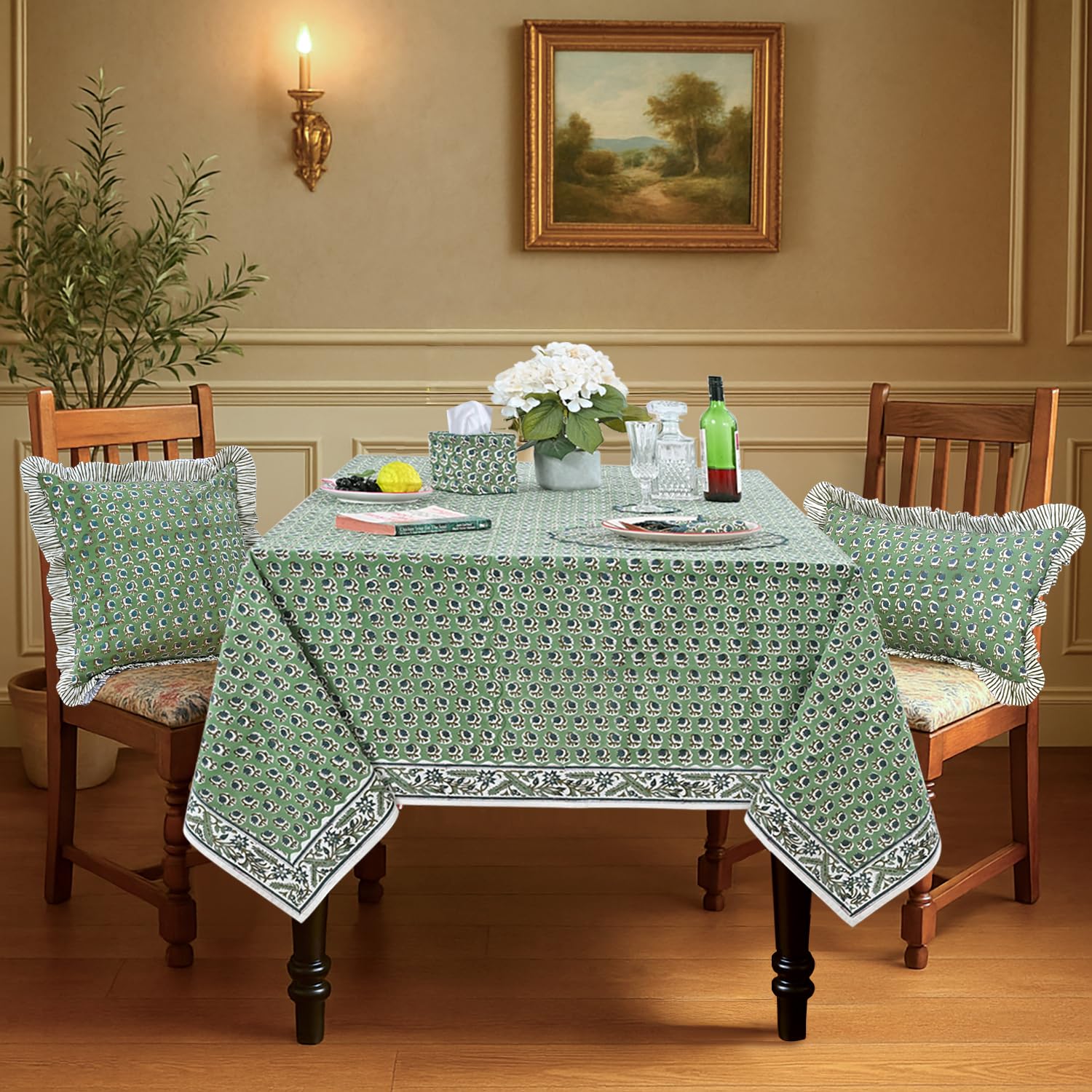 Ridhi Hand Block Print Cotton Tablecloth Set of 2 – Basil Green & Sage Russian Green 60x90 Inch Rectangular – 100% Cotton Washable Floral Table Covers for Dining Room, Farmhouse, Wedding, Spring, East - Image 3