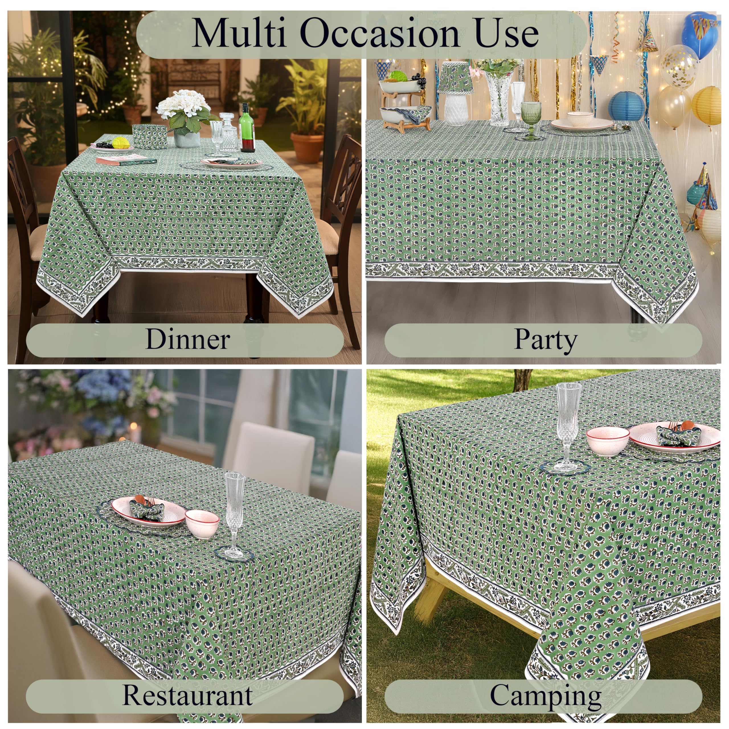 Ridhi Hand Block Print Cotton Tablecloth Set of 2 – Basil Green & Sage Russian Green 60x90 Inch Rectangular – 100% Cotton Washable Floral Table Covers for Dining Room, Farmhouse, Wedding, Spring, East - Image 5