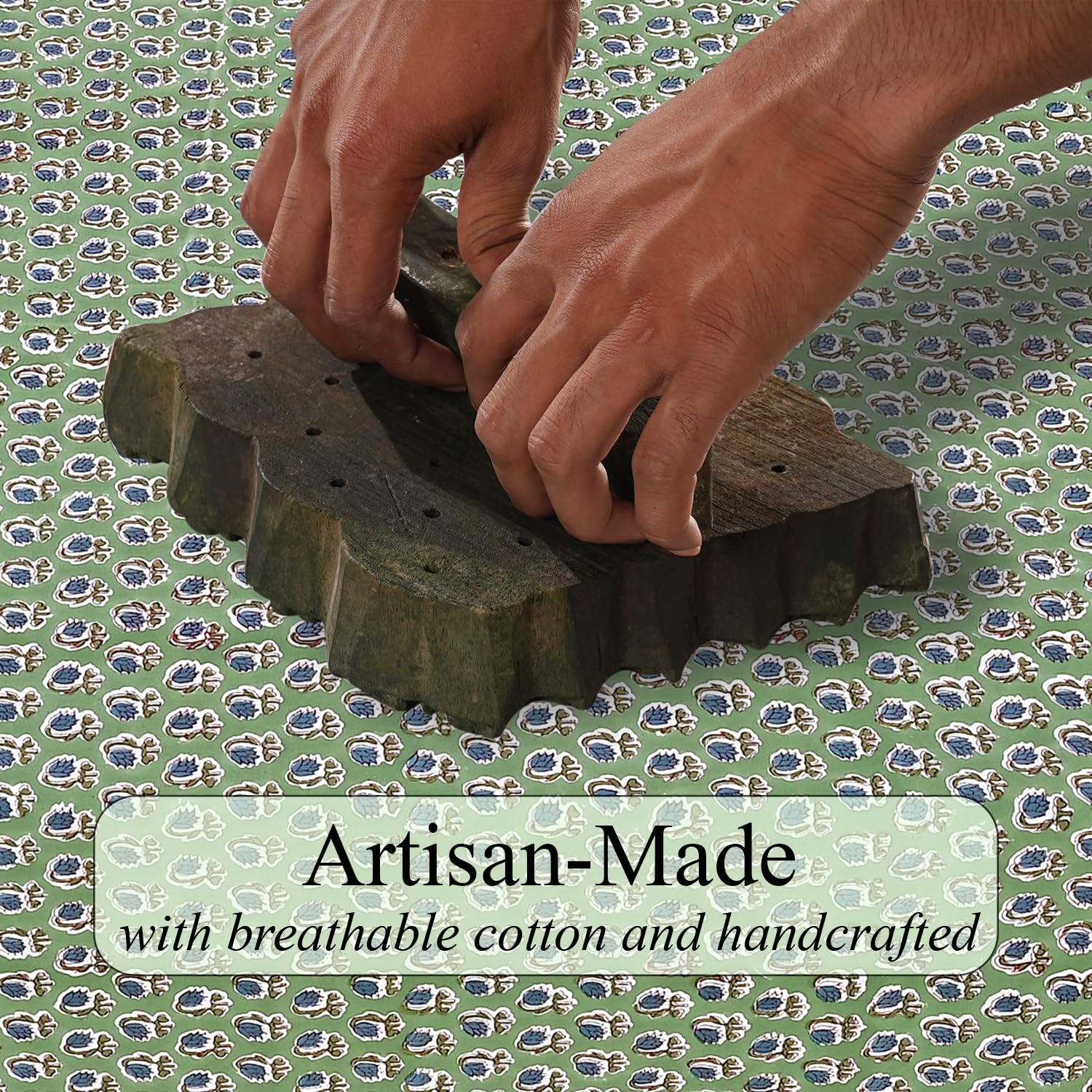 Ridhi Hand Block Print Cotton Tablecloth Set of 2 – Basil Green & Steel Blue 60x60 Inch Square – 100% Cotton Washable Decorative Table Covers for Dining, Farmhouse, Wedding, Fall, Thanksgiving & Chris - Image 3