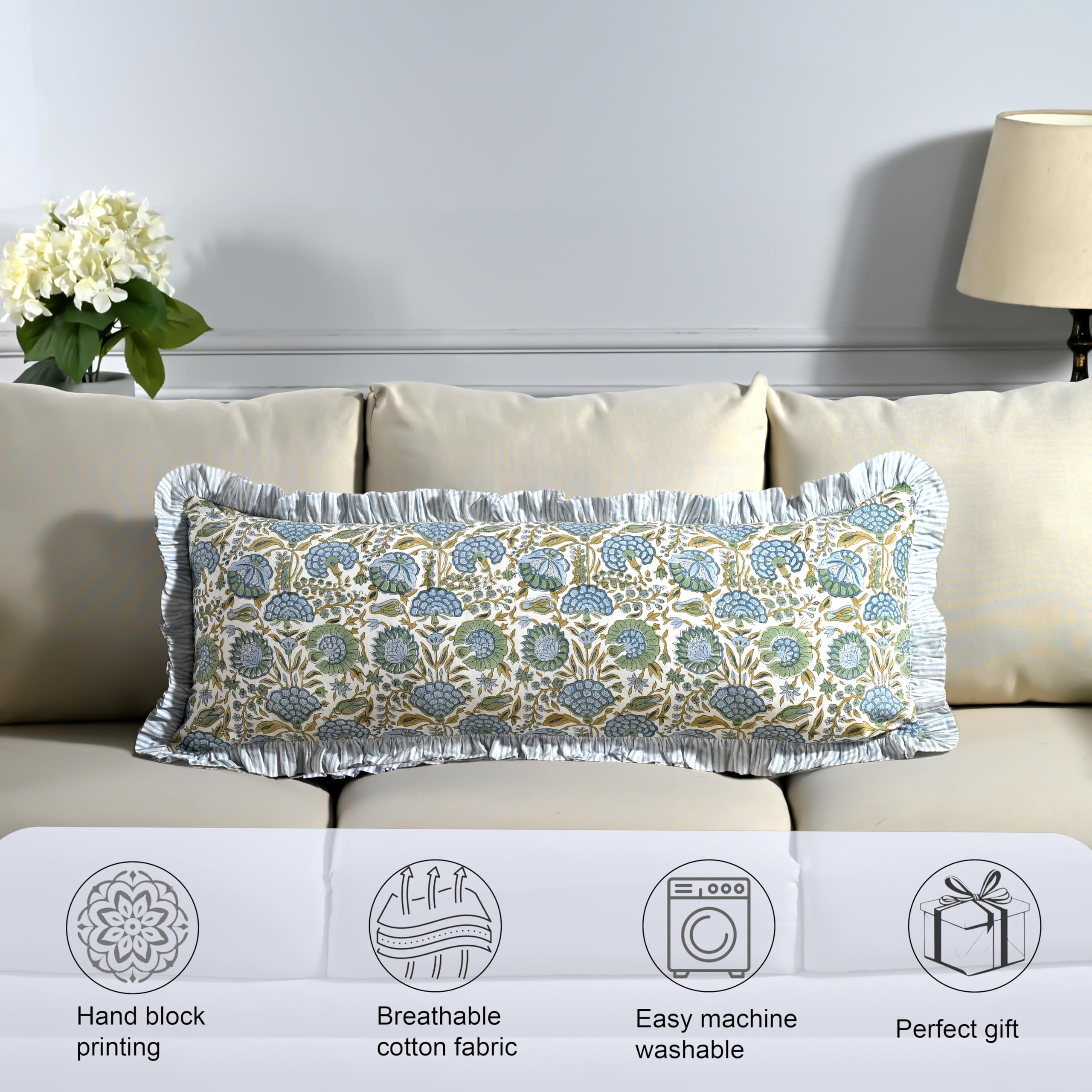 Ridhi Block Print Asparagus Green 36"x14" Set 1-100% Cotton Ruffle Lumbar Sham Cover Boho Floral Pillowcase, Farmhouse Cottagecore Bedding, Soft Decorative Cover Gift for Spring, Easter, Valentine - Image 5