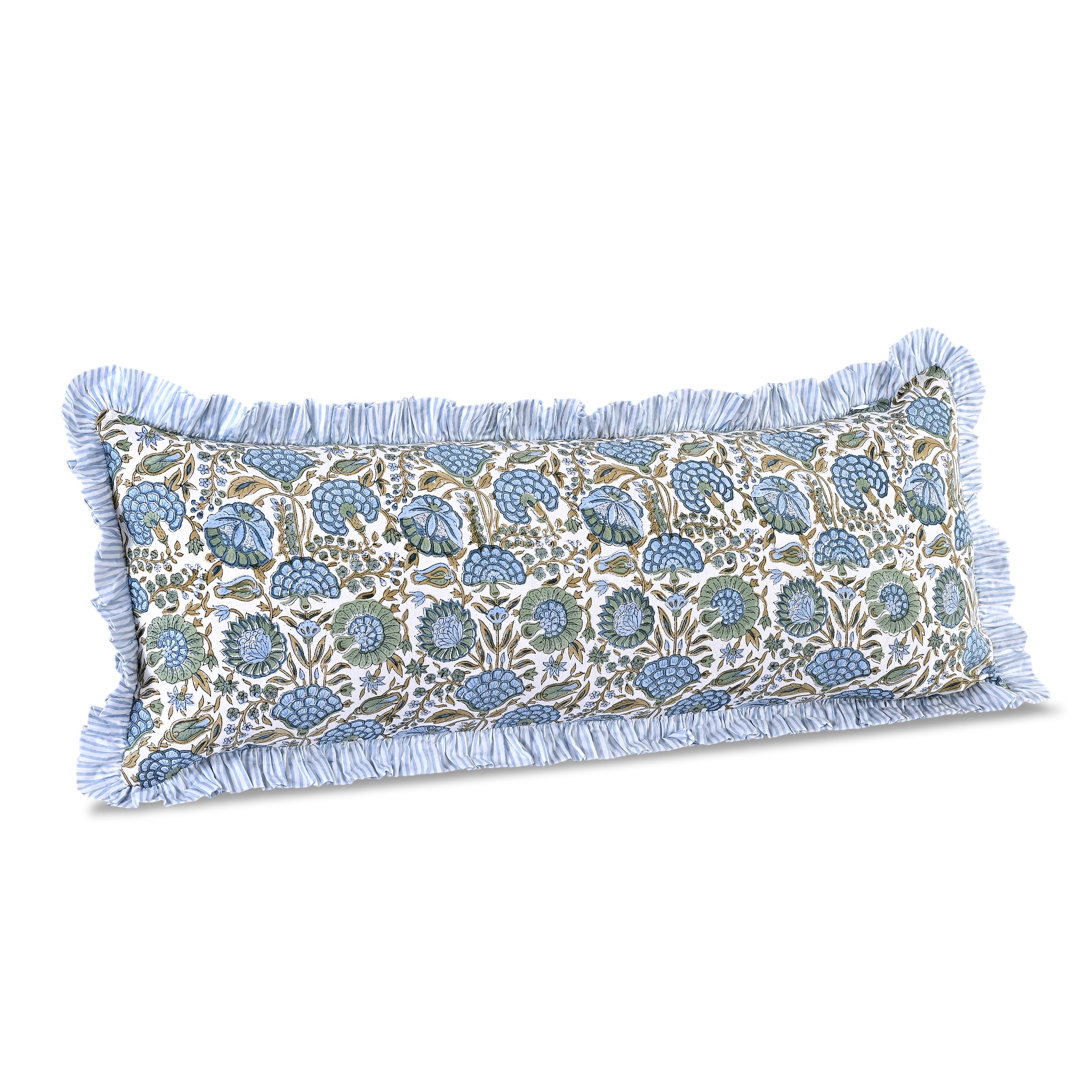 Ridhi Block Print Asparagus Green 36"x14" Set 1-100% Cotton Ruffle Lumbar Sham Cover Boho Floral Pillowcase, Farmhouse Cottagecore Bedding, Soft Decorative Cover Gift for Spring, Easter, Valentine - Image 7