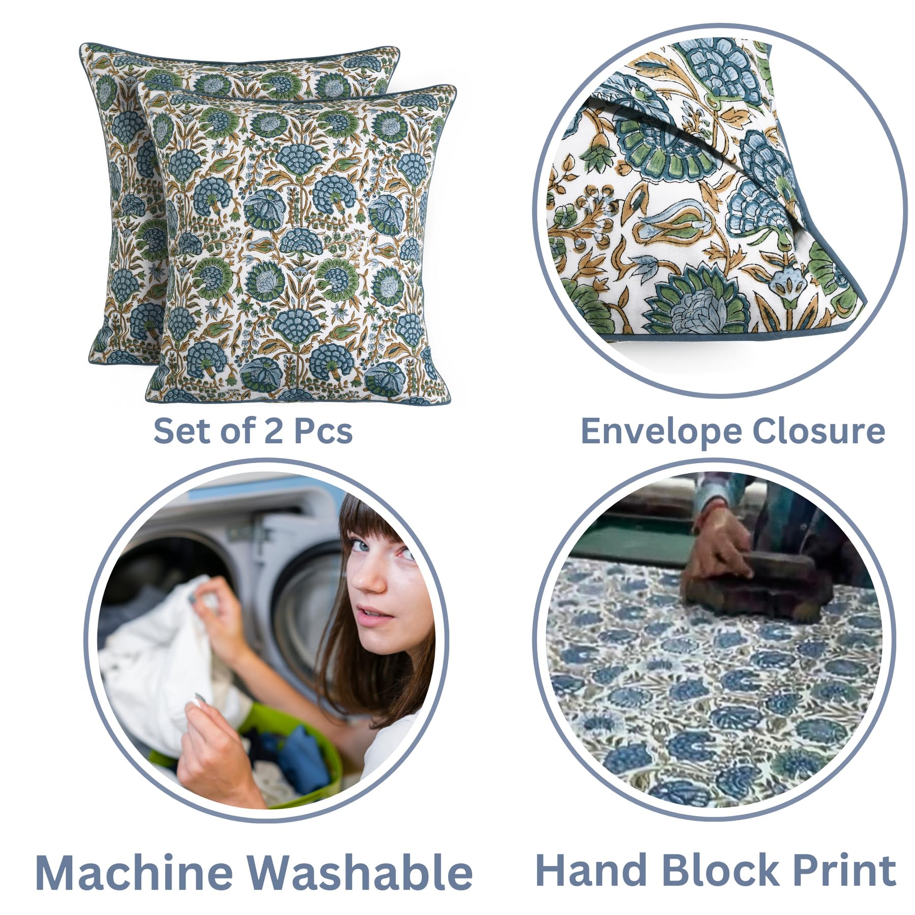 Ridhi Cotton Throw Pillow Covers Set of 2 – Columbia Blue & Asparagus Green 20x20 Inch – Hand Block Print Decorative Cushion Covers for Couch, Sofa, Bed, Living Room, Farmhouse & Everyday Home Decor - Image 8