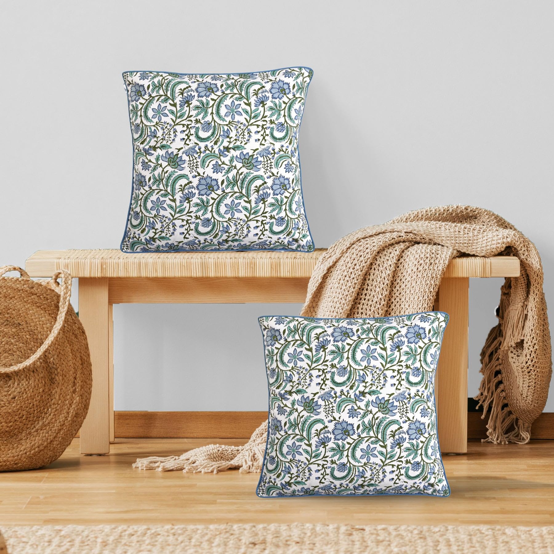 Ridhi Cotton Throw Pillow Covers Set of 2 – Columbia Blue & Asparagus Green 20x20 Inch – Hand Block Print Decorative Cushion Covers for Couch, Sofa, Bed, Living Room, Farmhouse & Everyday Home Decor - Image 5