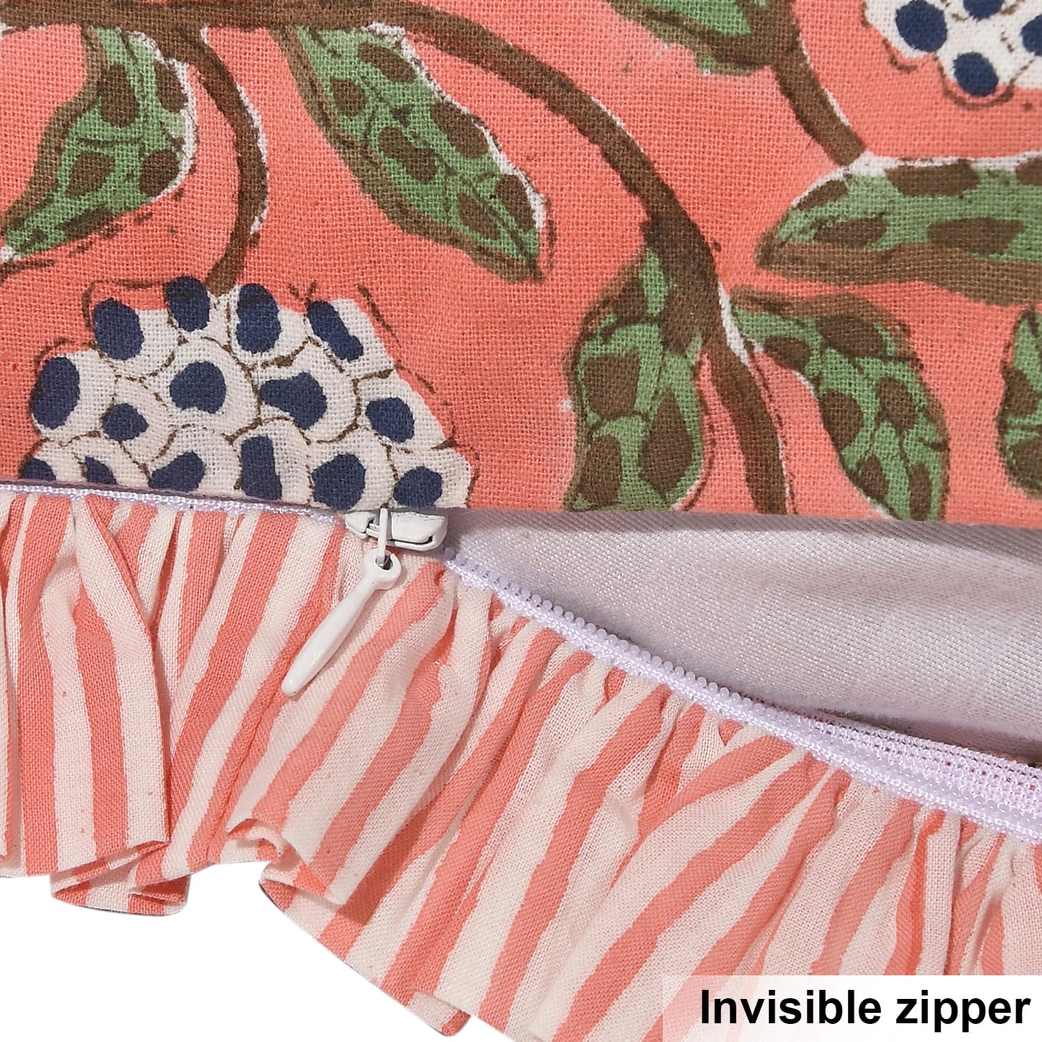 Ridhi Block Print Dark Salmon Pink Throw Pillow Cover 18" x 18" (Pack of 2) Decorative Cushion Covers with Ruffle for Couch, Sofa, Bed, Living Room, Home Decor Gift for Spring, Mother's Day - Image 3