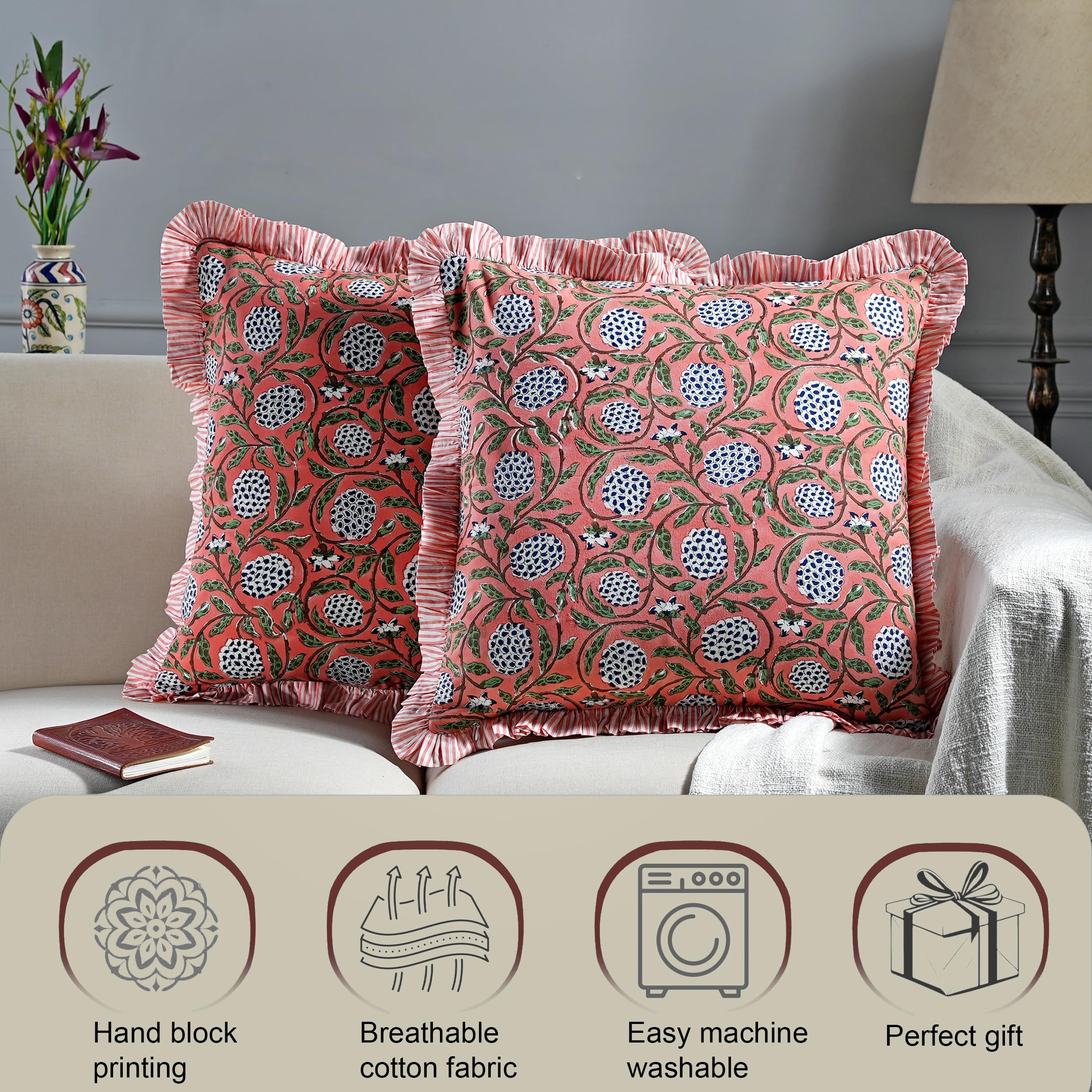 Ridhi Block Print Dark Salmon Pink Throw Pillow Cover 18" x 18" (Pack of 2) Decorative Cushion Covers with Ruffle for Couch, Sofa, Bed, Living Room, Home Decor Gift for Spring, Mother's Day - Image 5