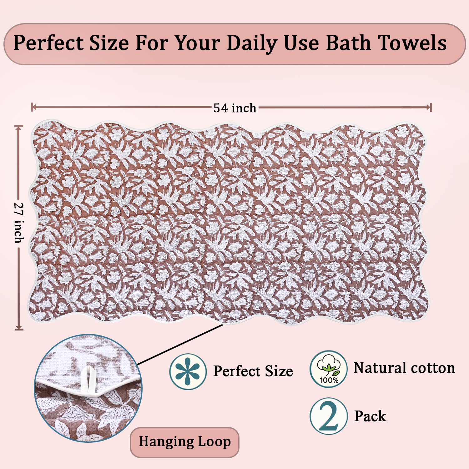 Ridhi Block Print Oak Brown Cotton Spa/Beach Towel 27"x54" Set of 2 Handmade Beach Towel, Quick Dry Turkish Style Bath, Soft Absorbent Luxury Towel for Home, Gym & Spa, Hair Drying - Image 4