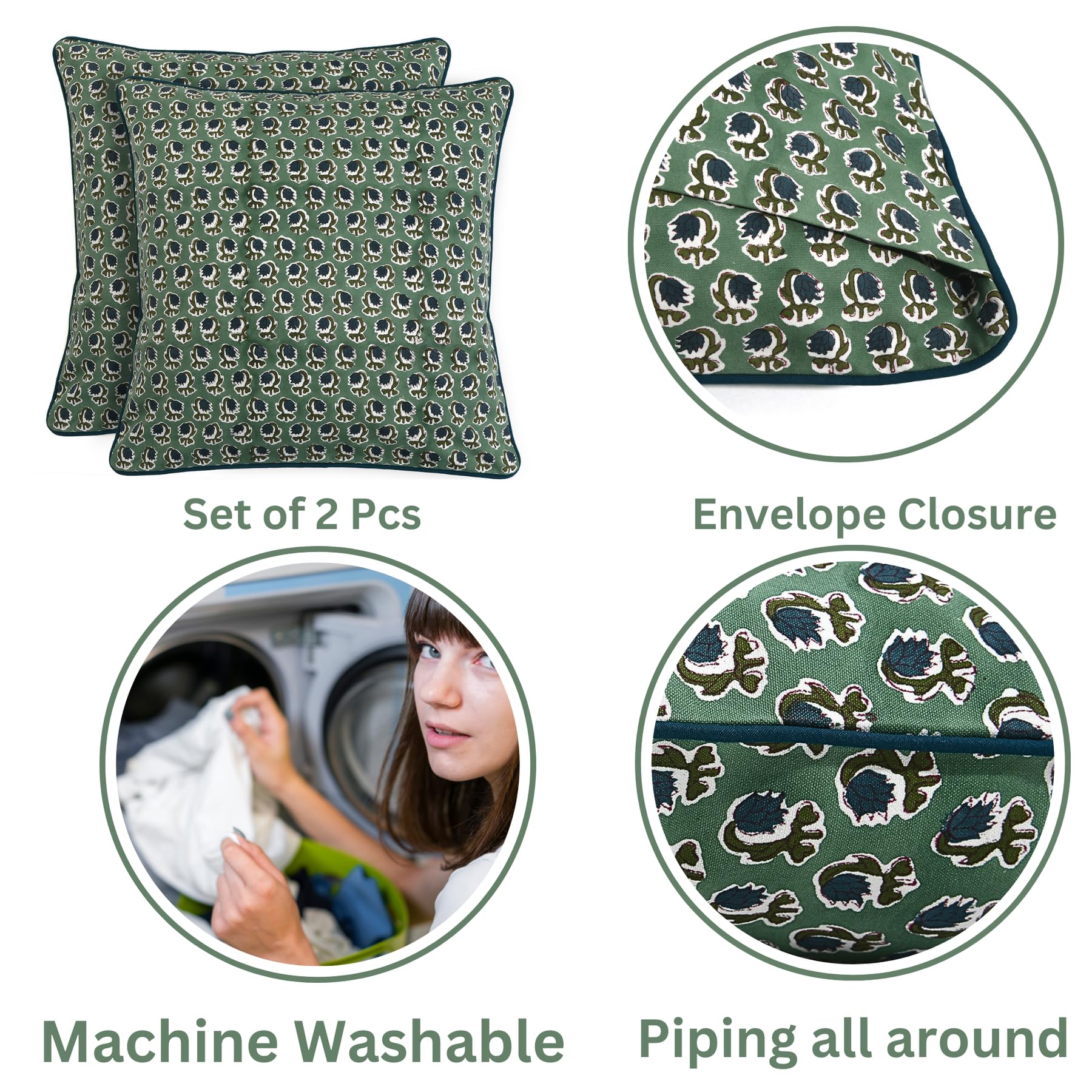 Ridhi Decorative Cotton Throw Pillow Cover Set of 3 – Basil Green Block Print & Peacock Blue Modern Farmhouse 18x18 Cushion Covers for Couch, Sofa, Living Room & Boho Home Decor - Image 3