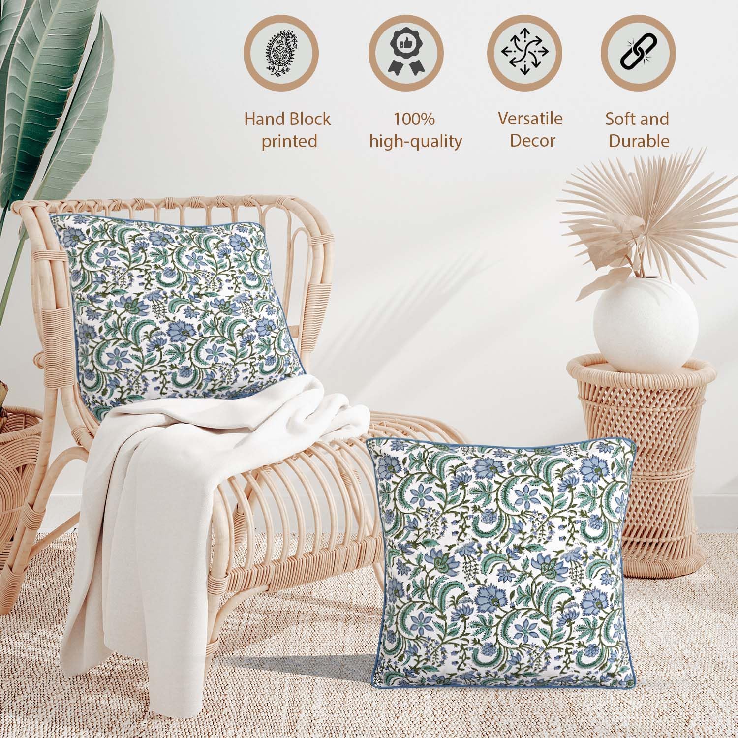 Ridhi Aquamarine & Columbia Blue Cotton Pillow Covers Bundle – Set of 4 Modern Farmhouse & Block Print Decorative Throw Cushion Covers for Couch, Sofa, Bed, Living Room & Patio | 20x20 Inch Boho Home - Image 9