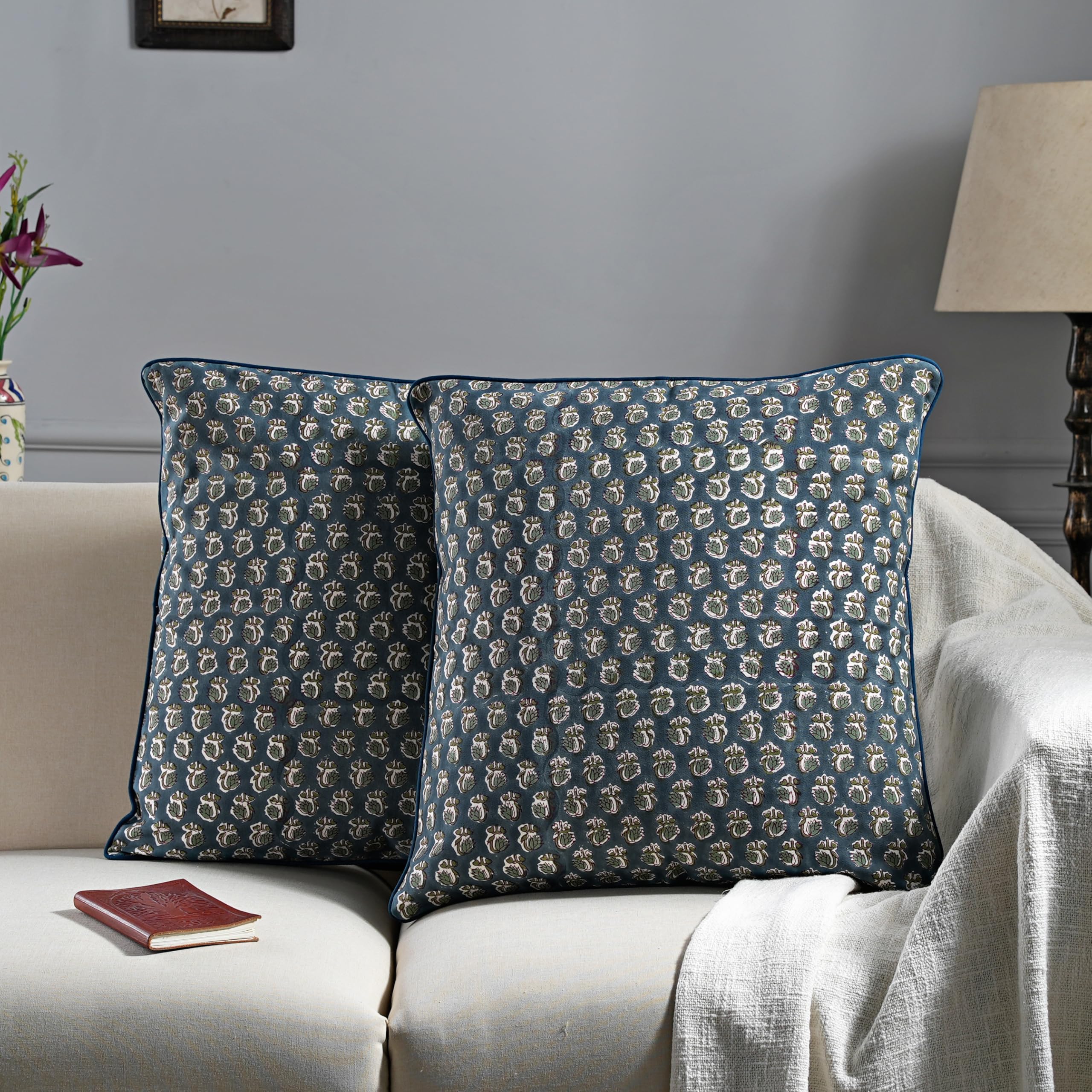 Ridhi Decorative Cotton Throw Pillow Cover Set of 3 – Basil Green Block Print & Peacock Blue Modern Farmhouse 18x18 Cushion Covers for Couch, Sofa, Living Room & Boho Home Decor - Image 7