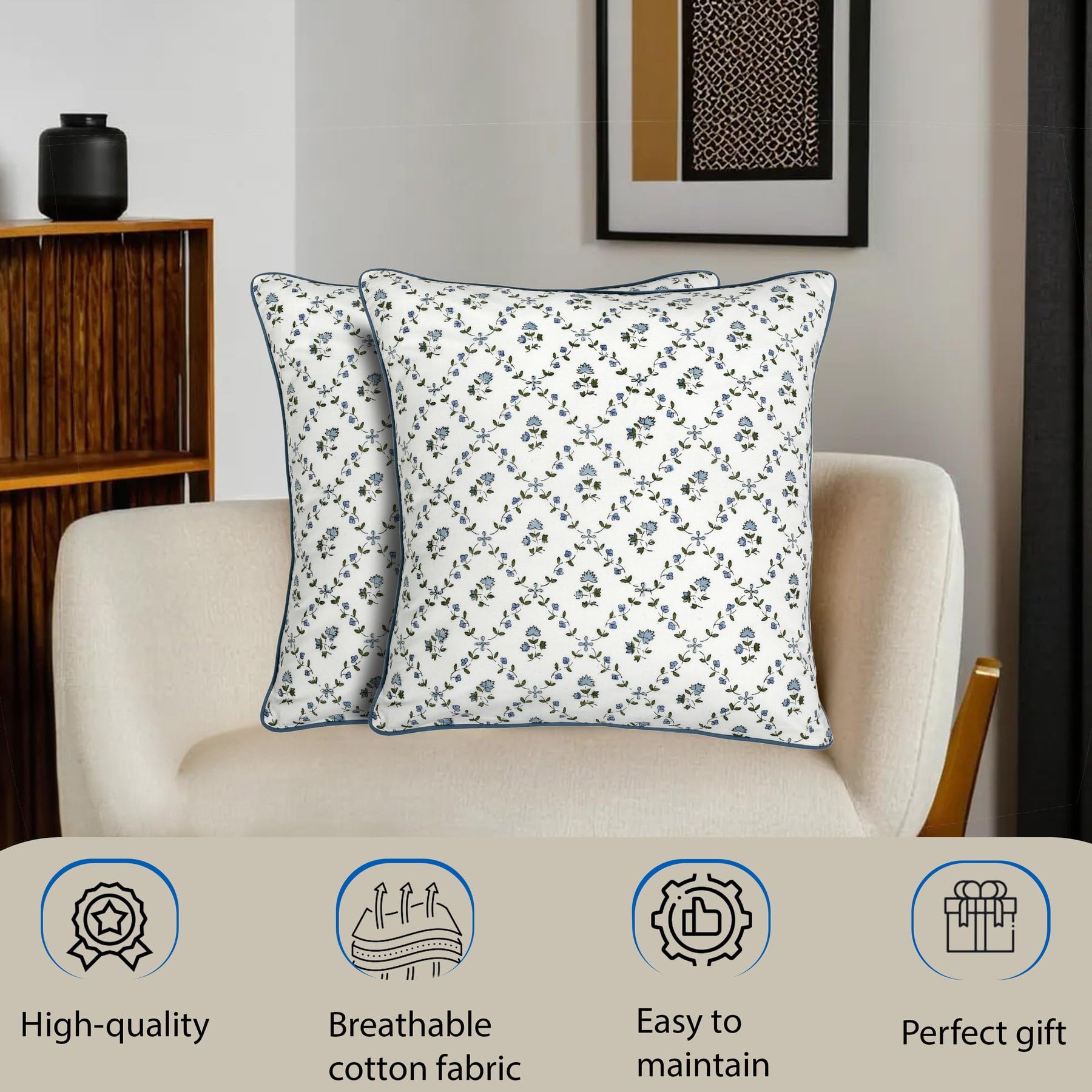 Ridhi Powder Blue & Light Steel Blue Block Print Pillow Covers – Set of 4 (20x20) Grandmillennial & Boho Cotton Throw Pillow Covers for Couch, Sofa, Bedroom, Living Room, Home Decor - Image 5