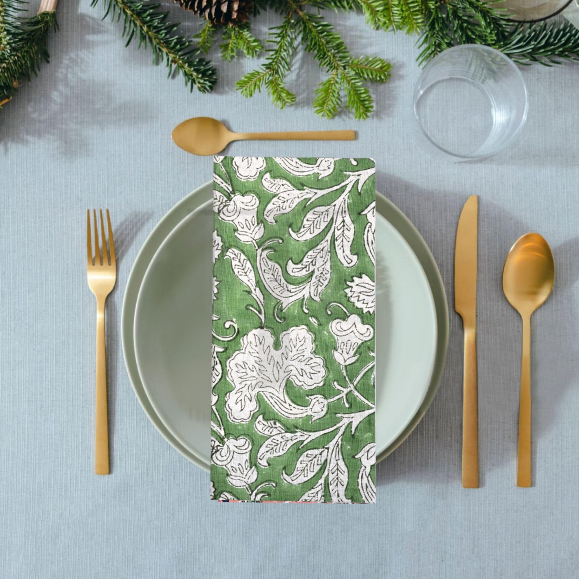 Ridhi Block Print Sage Green Border Napkins 20" x 20" Inch Set 4 -Reusable Cotton Decorative Napkin Kitchen Towel for Everyday Dinning, Wedding, Festive Gift Spring, Easter, Valentine - Image 3