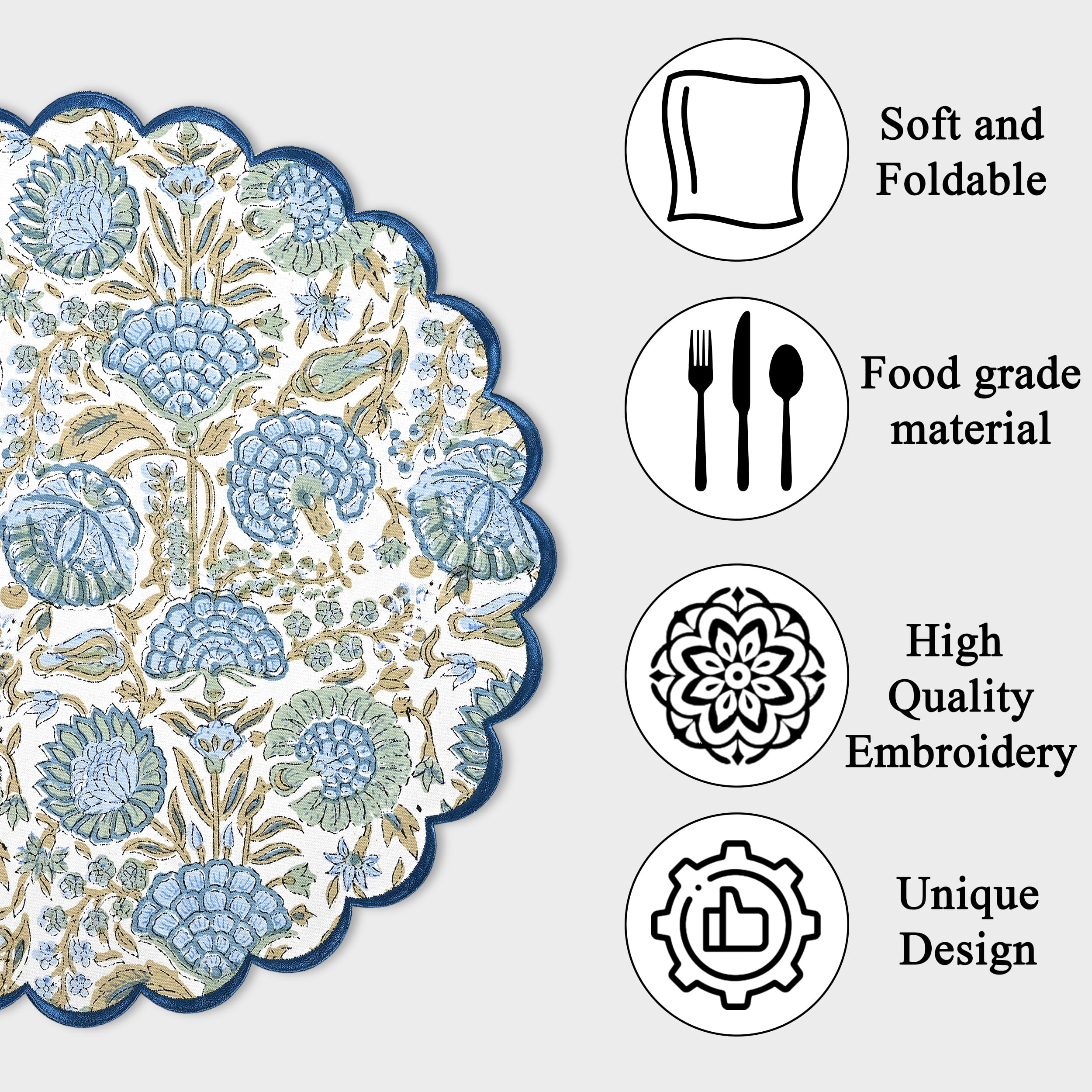 Ridhi Bo-ho Round Place Mat Easter Floral Cotton Washable Placemats 15" Round Embroidery Block Print Table Mat (Pack of 4-15 Inch Round, Asparagus Green) - Image 5