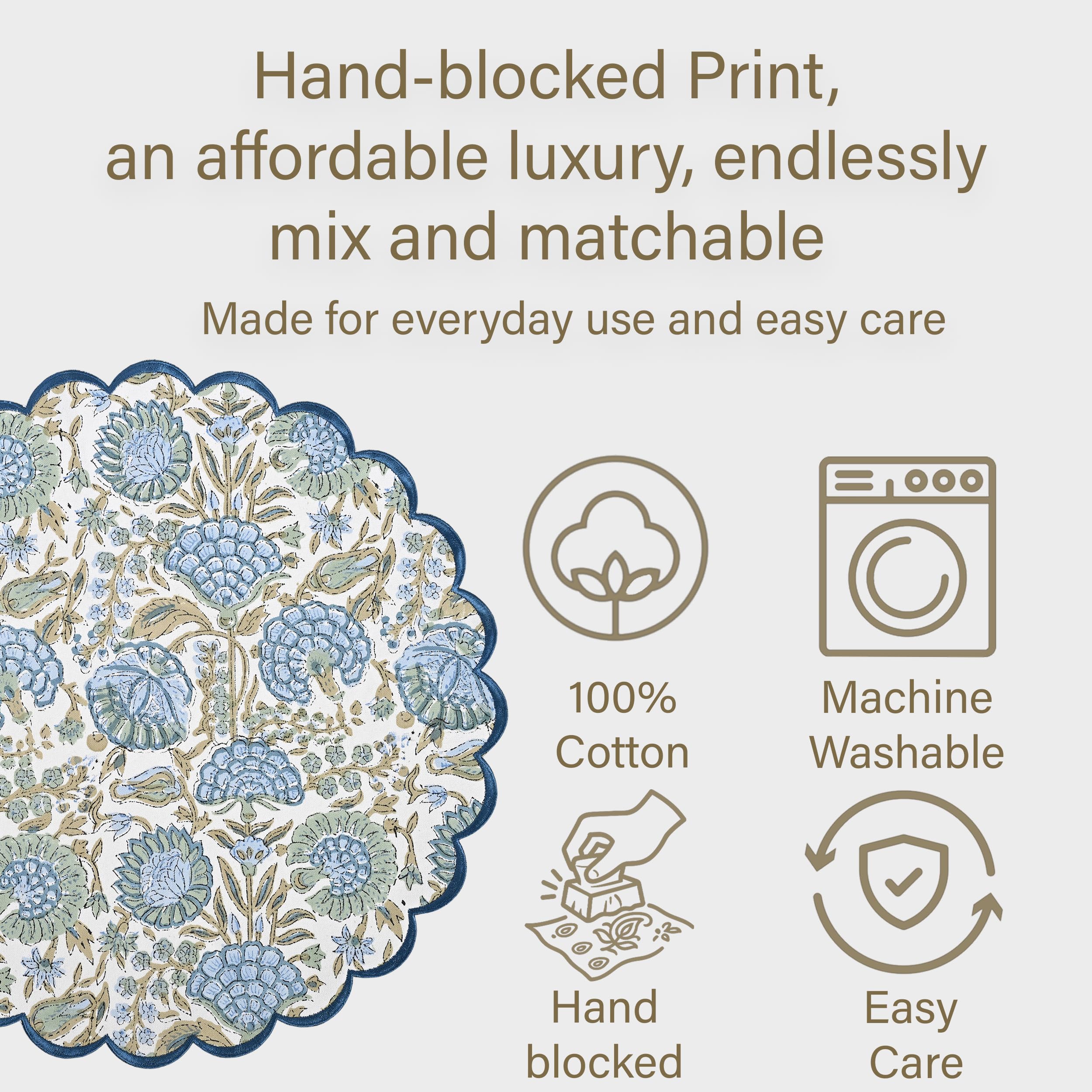 Ridhi Bo-ho Round Place Mat Easter Floral Cotton Washable Placemats 15" Round Embroidery Block Print Table Mat (Pack of 4-15 Inch Round, Asparagus Green) - Image 6