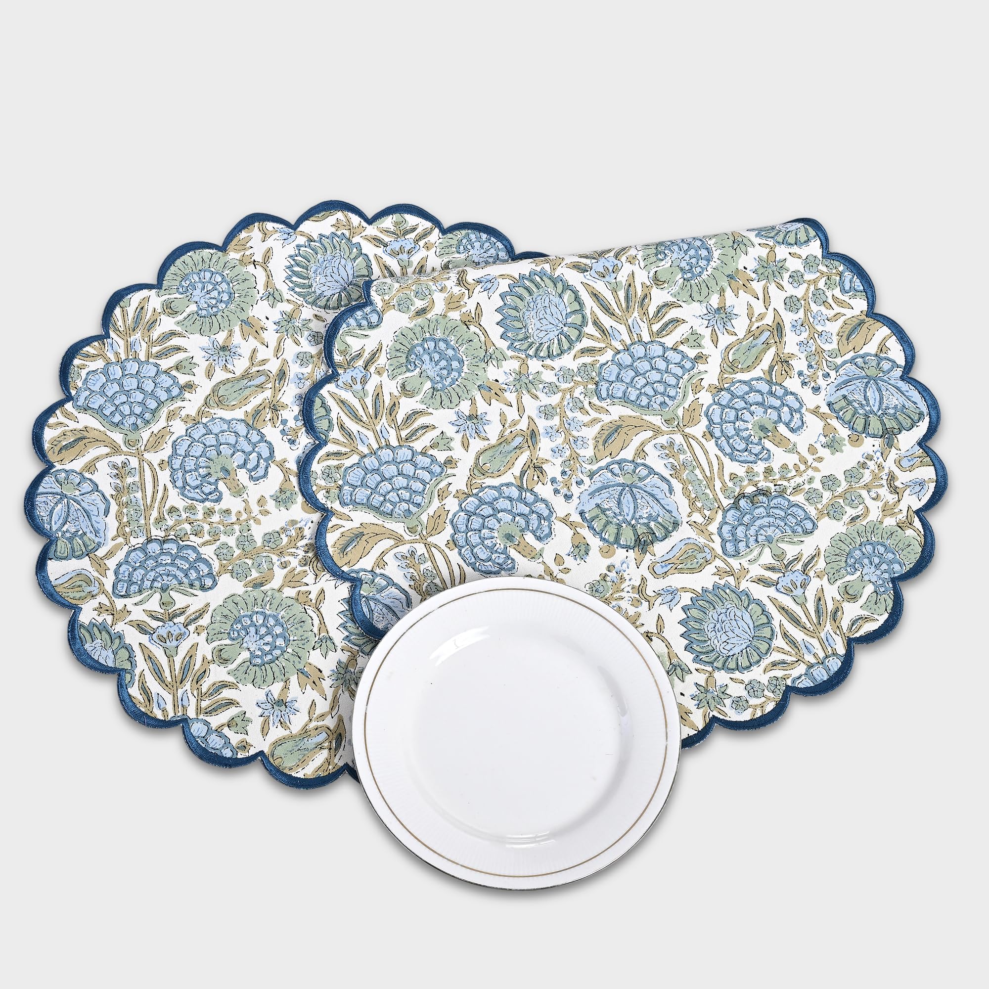 Ridhi Bo-ho Round Place Mat Easter Floral Cotton Washable Placemats 15" Round Embroidery Block Print Table Mat (Pack of 4-15 Inch Round, Asparagus Green) - Image 7