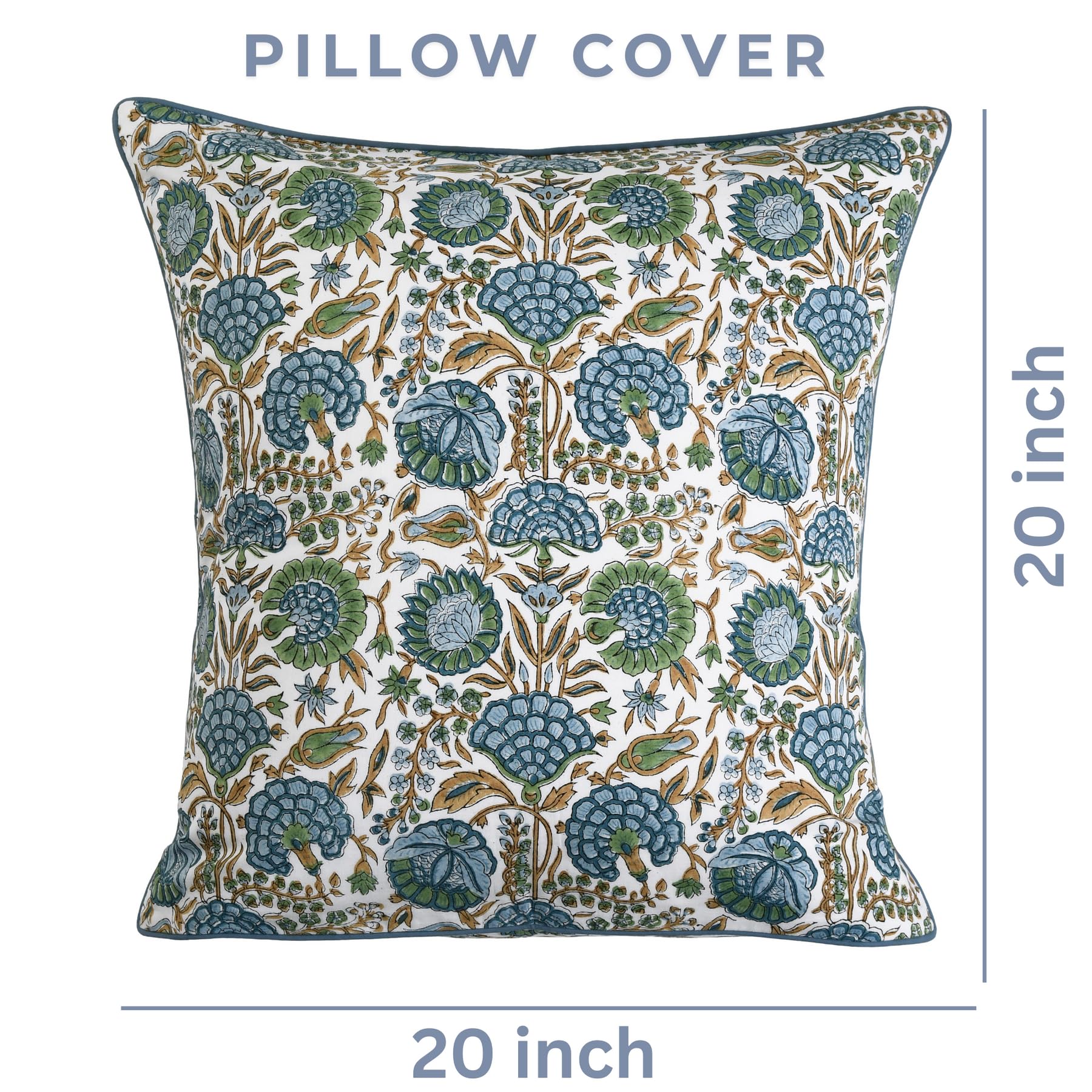 Ridhi Cotton Throw Pillow Covers Set of 2 – Columbia Blue & Asparagus Green 20x20 Inch – Hand Block Print Decorative Cushion Covers for Couch, Sofa, Bed, Living Room, Farmhouse & Everyday Home Decor - Image 7