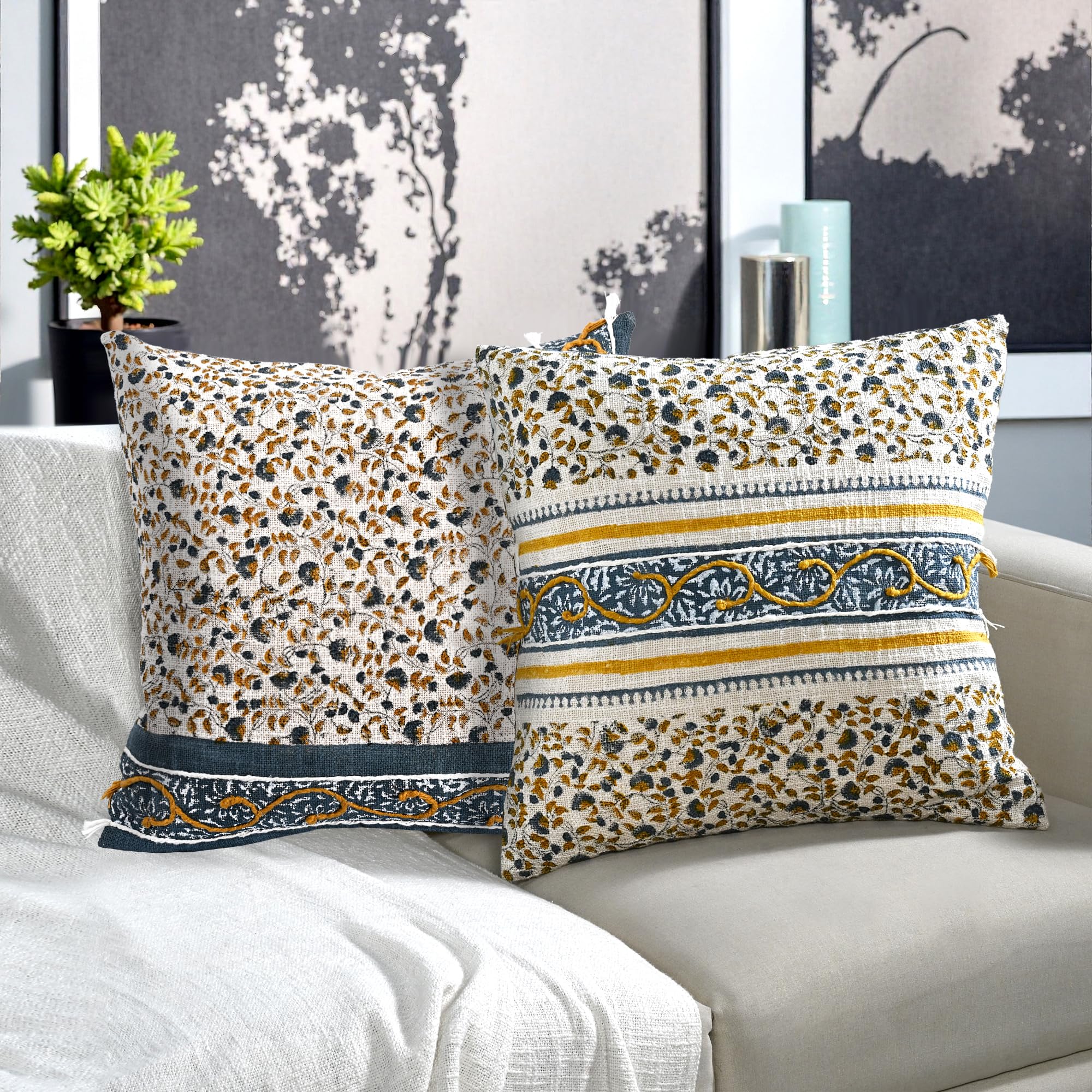 Ridhi Cream Mustard Blue Cotton Cushion Cover 18x18 Inch Decorative Throw Pillow Cover for Sofa, Living Room, Bedroom Decor, Soft, Cushion Case for Spring, Easter, Mother's Day - Image 5