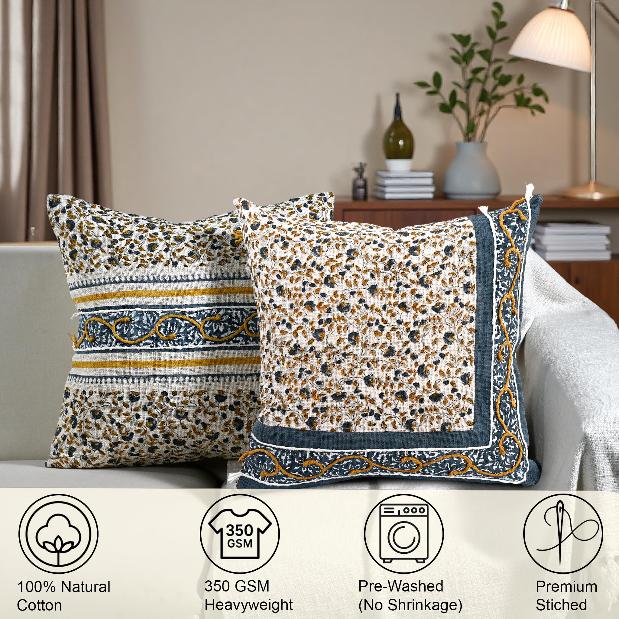 Ridhi Cream Mustard Blue Cotton Cushion Cover 18x18 Inch Decorative Throw Pillow Cover for Sofa, Living Room, Bedroom Decor, Soft, Cushion Case for Spring, Easter, Mother's Day - Image 6