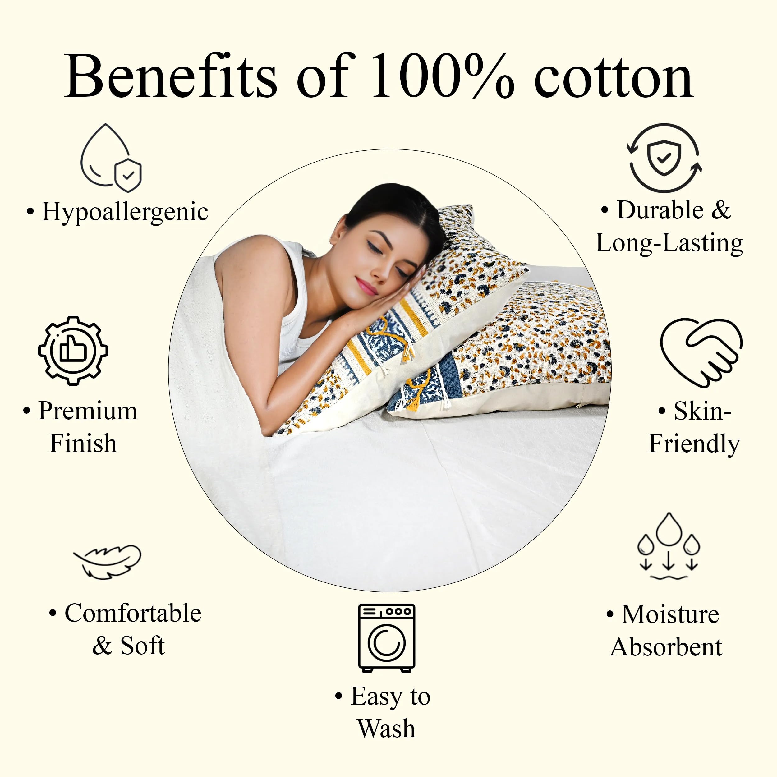 Ridhi Cream Mustard Blue Cotton Cushion Cover 18x18 Inch Decorative Throw Pillow Cover for Sofa, Living Room, Bedroom Decor, Soft, Cushion Case for Spring, Easter, Mother's Day - Image 7