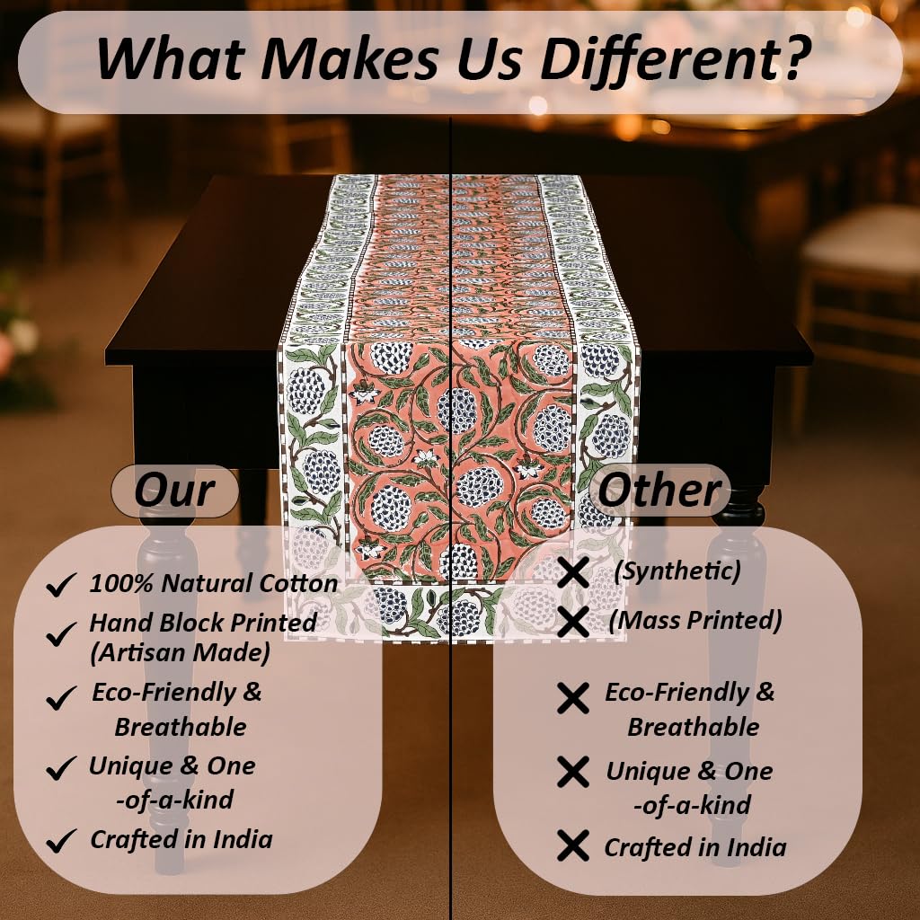 Ridhi Dark Salmon Hand Block Print 100% Cotton Reusable Table Runner 16" X 106" Inches Table Runner Decorative Everyday Use for Dining, HomeGift for Spring, Easter, Valentine - Image 9