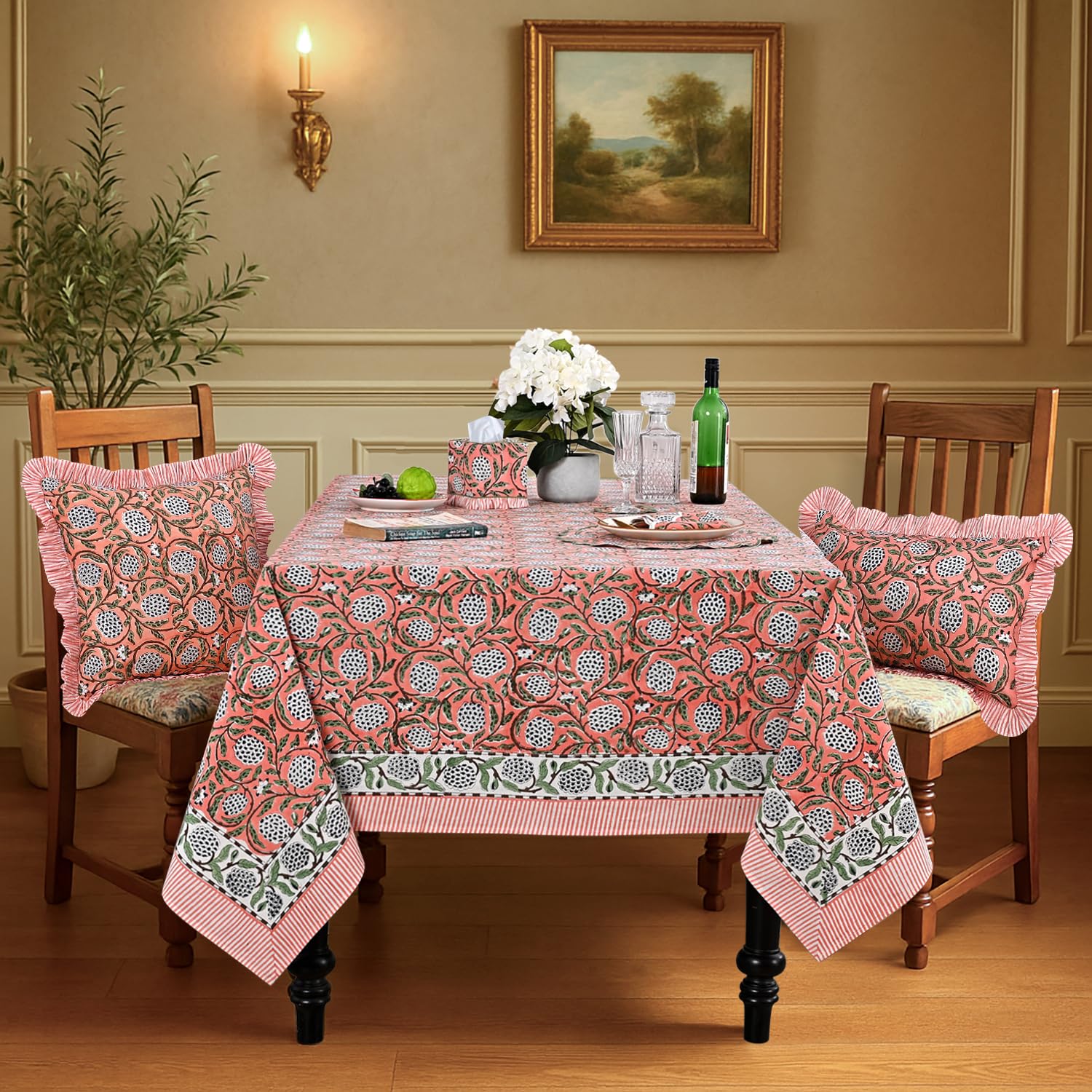 Ridhi Hand Block Print Cotton Tablecloth Set of 2 – 60x60 Inch Square Reusable Table Covers in Dark Salmon & Steel Blue – Floral Printed Dining Table Linen for Home, Wedding, Farmhouse & Thanksgiving - Image 3