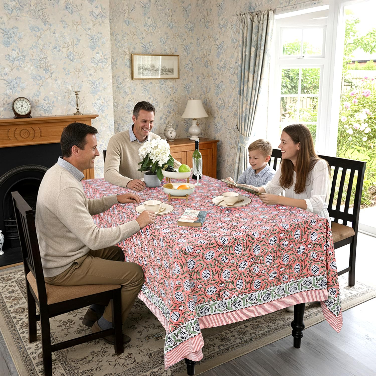 Ridhi Hand Block Print Cotton Tablecloth Set of 2 – 60x60 Inch Square Reusable Table Covers in Dark Salmon & Steel Blue – Floral Printed Dining Table Linen for Home, Wedding, Farmhouse & Thanksgiving - Image 4