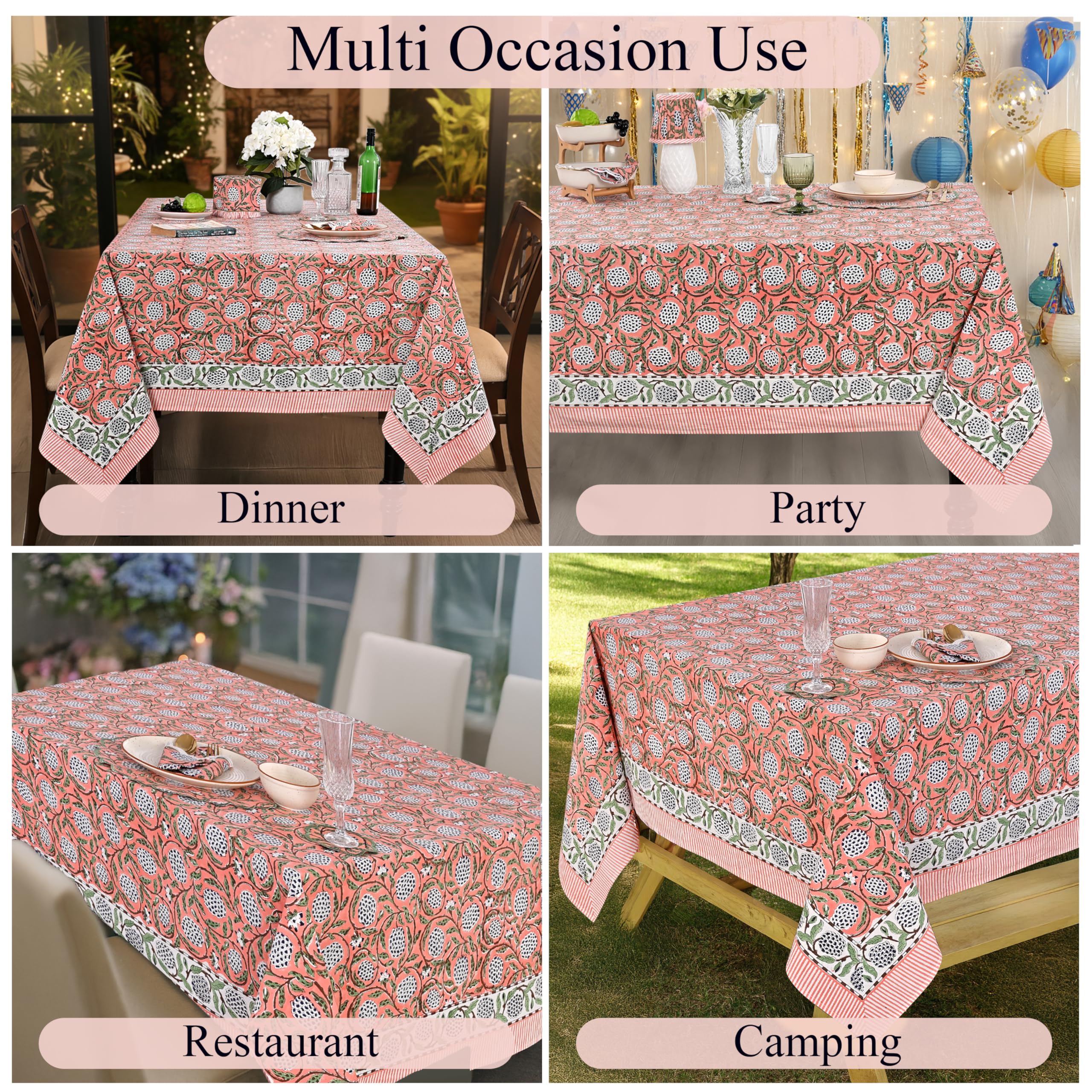 Ridhi Hand Block Print Cotton Tablecloth Set of 2 – 60x60 Inch Square Reusable Table Covers in Dark Salmon & Steel Blue – Floral Printed Dining Table Linen for Home, Wedding, Farmhouse & Thanksgiving - Image 5