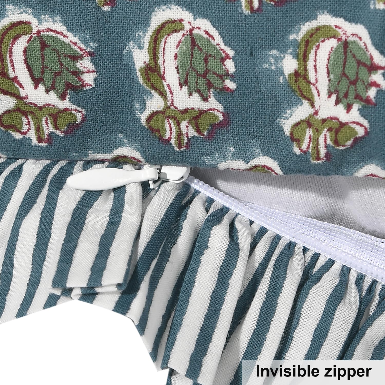 Ridhi Decorative Pillow Cover Bundle – Peacock Blue Ruffle Farmhouse Cotton Cushion Covers (Set of 2, 18x18) & Asparagus Green Block Print Throw Pillow Covers (18x18) for Couch, Sofa, Bed, Living Room - Image 3