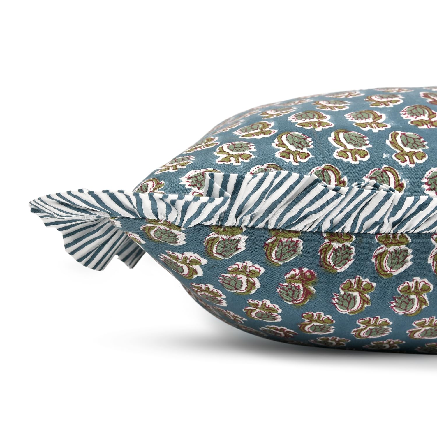 Ridhi Decorative Pillow Cover Bundle – Peacock Blue Ruffle Farmhouse Cotton Cushion Covers (Set of 2, 18x18) & Asparagus Green Block Print Throw Pillow Covers (18x18) for Couch, Sofa, Bed, Living Room - Image 4