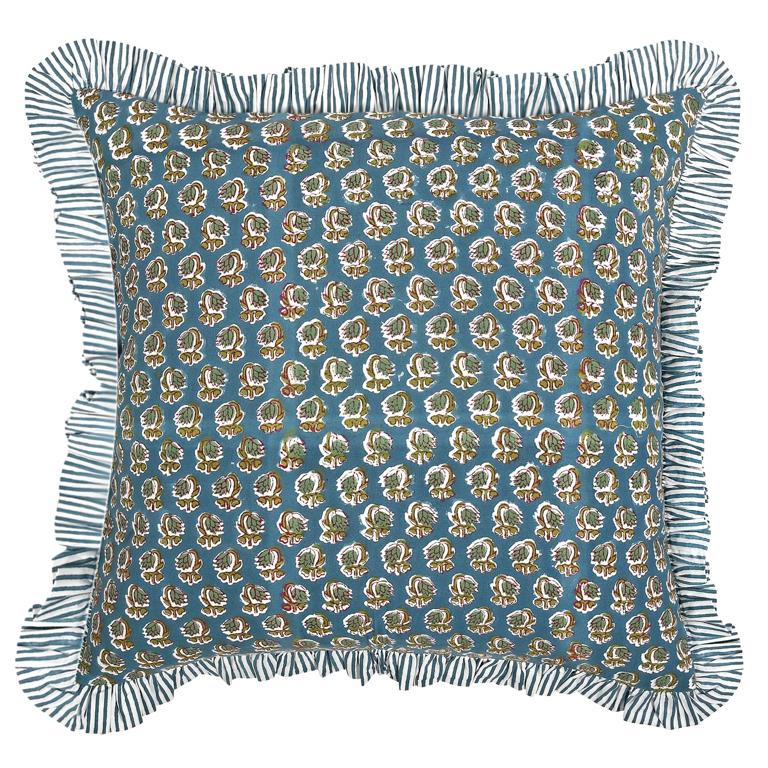 Ridhi Decorative Pillow Cover Bundle – Peacock Blue Ruffle Farmhouse Cotton Cushion Covers (Set of 2, 18x18) & Asparagus Green Block Print Throw Pillow Covers (18x18) for Couch, Sofa, Bed, Living Room - Image 5