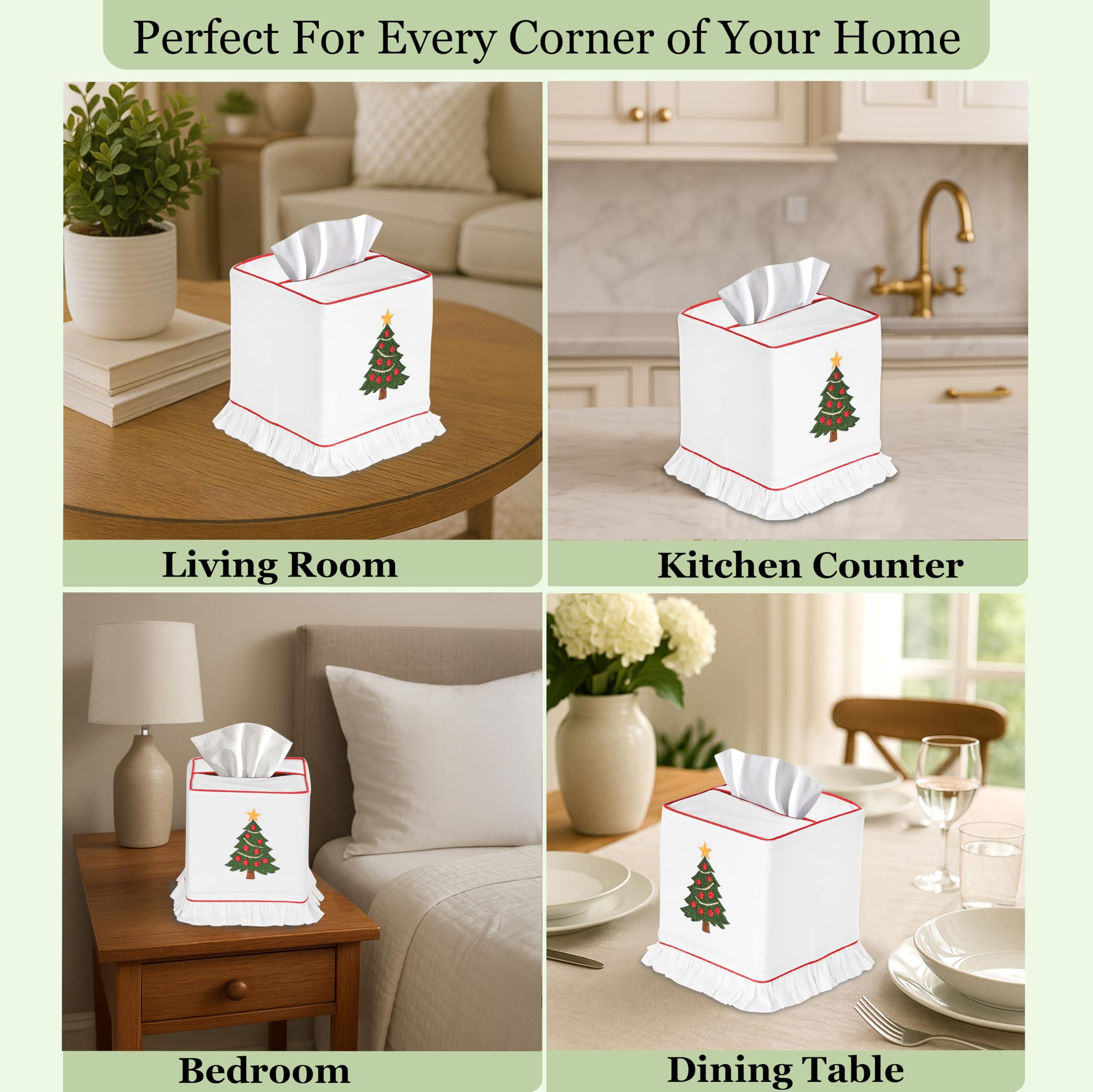 Ridhi Embroidered Christmas Tree Premium 400 TC White Cotton Tissue Box Cover with Velcro Closure Cute Soft Decorative Napkin Holder for KitchenLiving Room Dinning Gift for Valentine, Spring, Easter - Image 6