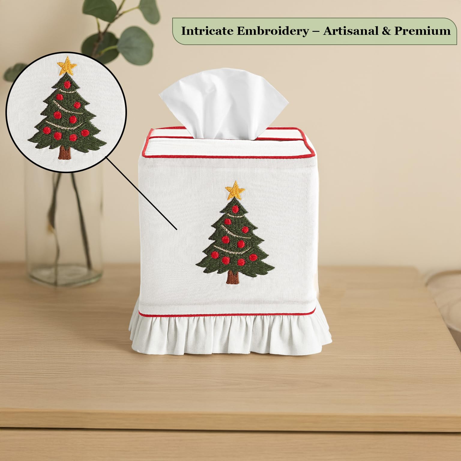 Ridhi Embroidered Christmas Tree Premium 400 TC White Cotton Tissue Box Cover with Velcro Closure Cute Soft Decorative Napkin Holder for KitchenLiving Room Dinning Gift for Valentine, Spring, Easter - Image 7