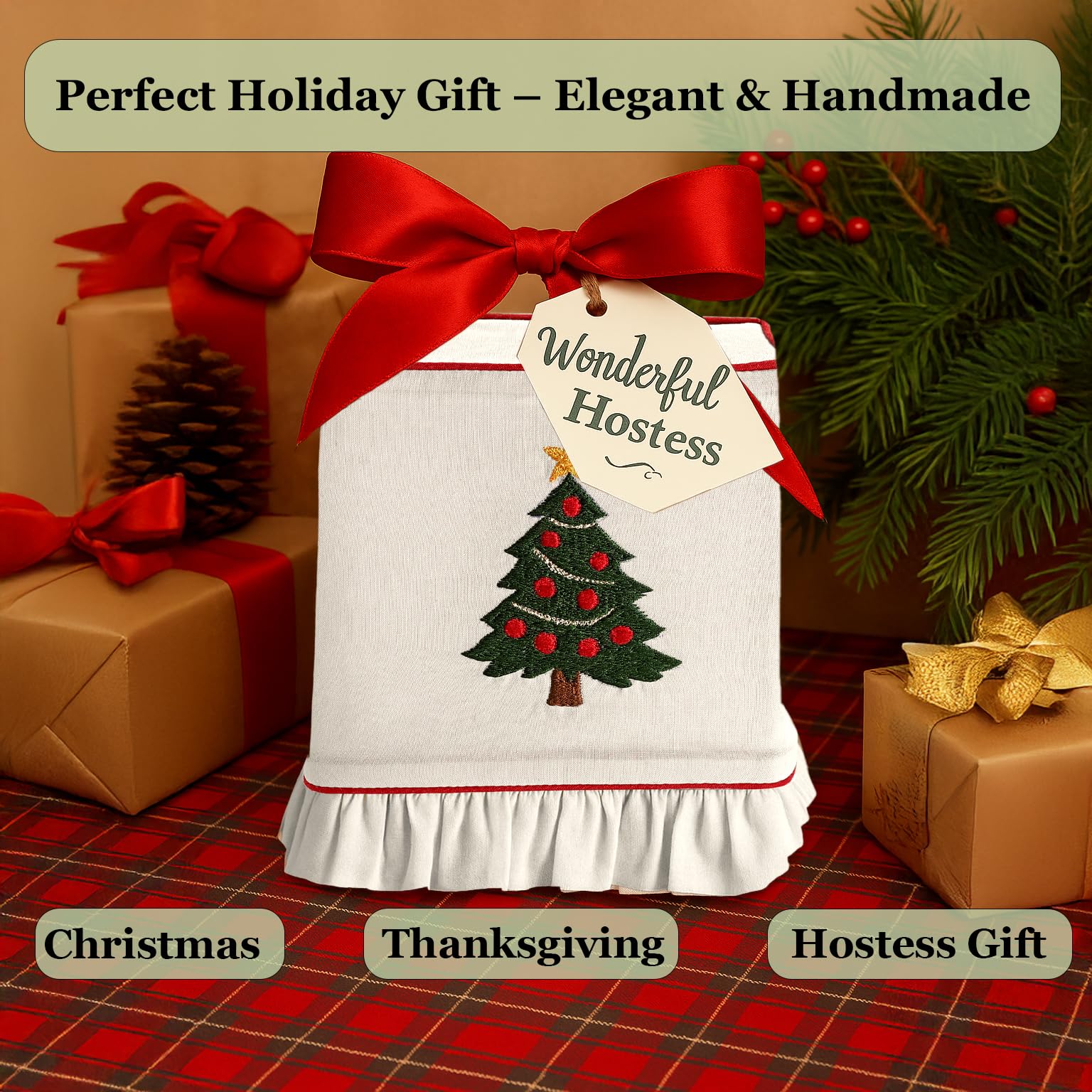 Ridhi Embroidered Christmas Tree Premium 400 TC White Cotton Tissue Box Cover with Velcro Closure Cute Soft Decorative Napkin Holder for KitchenLiving Room Dinning Gift for Valentine, Spring, Easter - Image 8