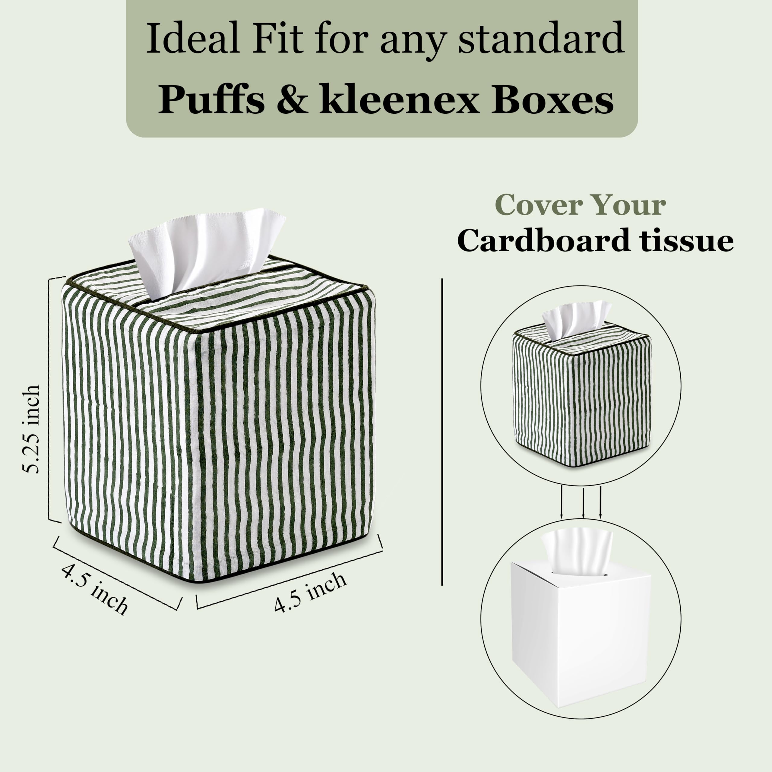 Ridhi Green Stripe Block Print Tissue Box Cover Handmade Cotton Fabric Decorative Square Napkin Holder for Home Bedroom Living Room Bathroom Vanity Countertop Car Night Stands Office Kitchen - Image 3