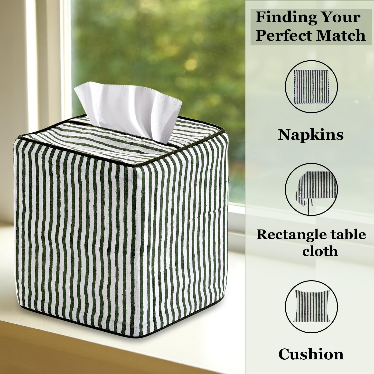 Ridhi Green Stripe Block Print Tissue Box Cover Handmade Cotton Fabric Decorative Square Napkin Holder for Home Bedroom Living Room Bathroom Vanity Countertop Car Night Stands Office Kitchen - Image 7