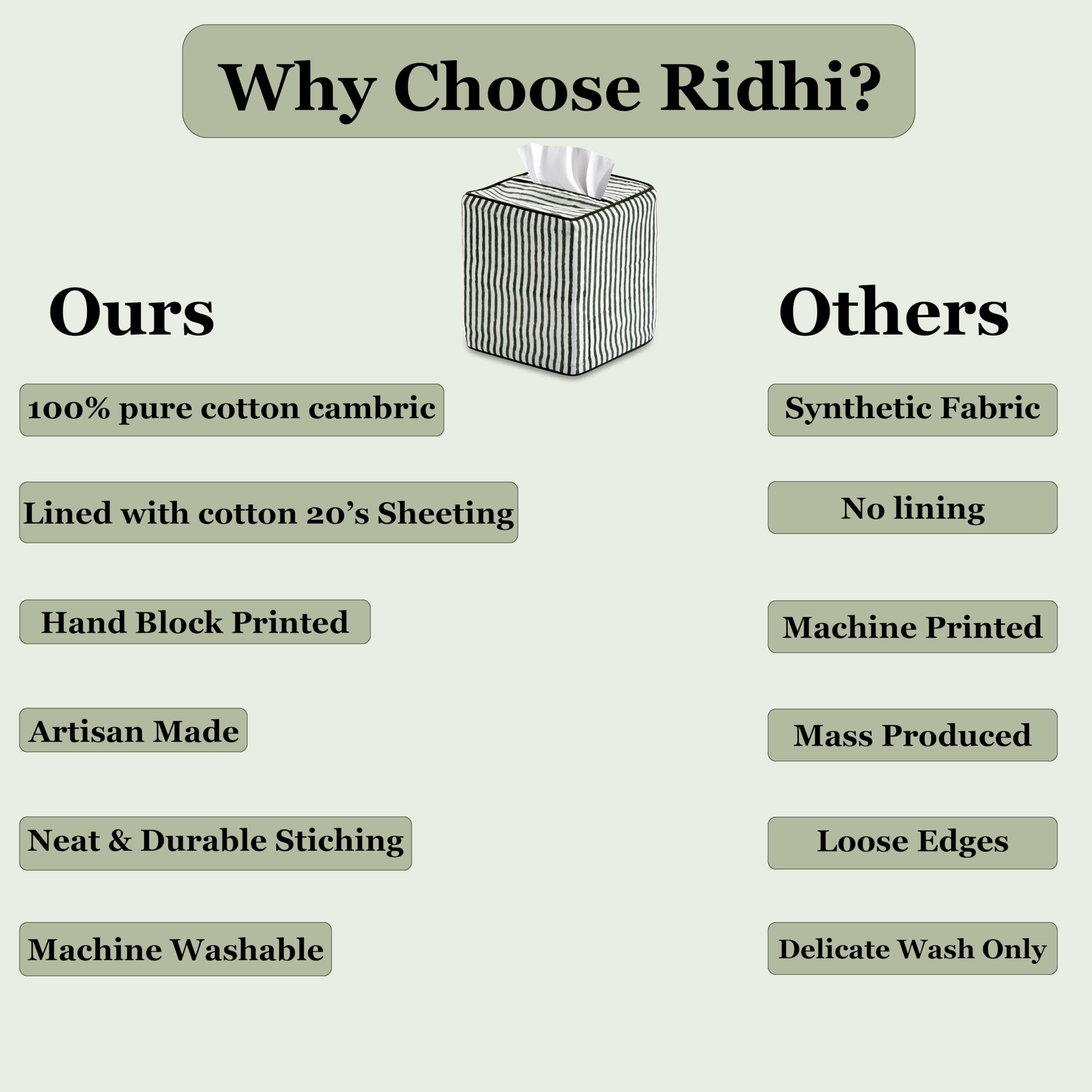 Ridhi Green Stripe Block Print Tissue Box Cover Handmade Cotton Fabric Decorative Square Napkin Holder for Home Bedroom Living Room Bathroom Vanity Countertop Car Night Stands Office Kitchen - Image 8