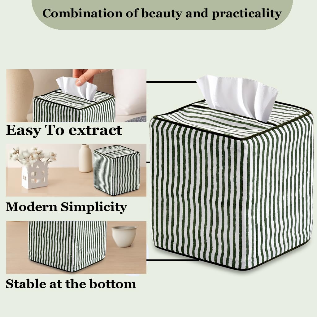 Ridhi Green Stripe Block Print Tissue Box Cover Handmade Cotton Fabric Decorative Square Napkin Holder for Home Bedroom Living Room Bathroom Vanity Countertop Car Night Stands Office Kitchen - Image 9