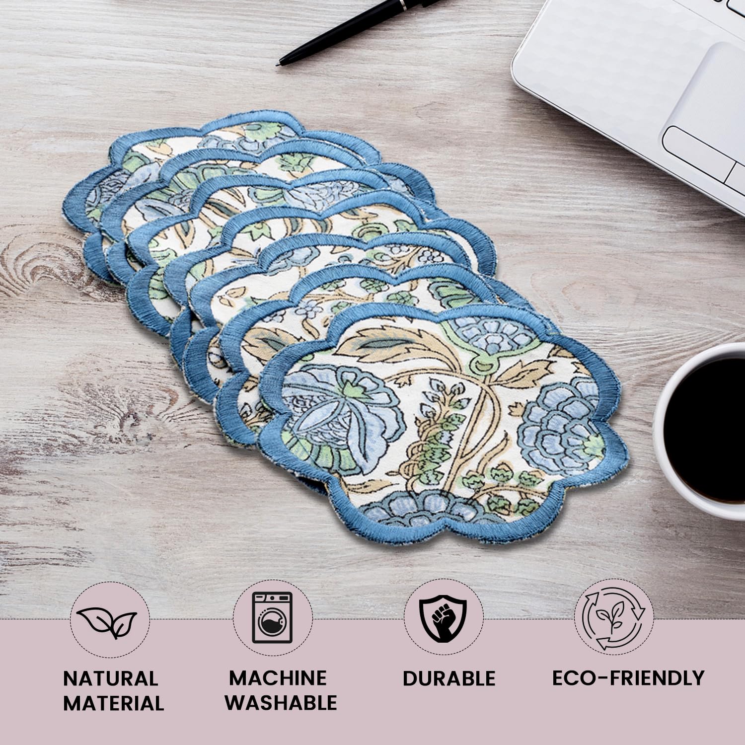 Ridhi Hand Block Print 8- pcs Canvas Cotton Drink Absorbent Stylish Embroidery Scallop Coaster Set Boho Modern Home Decor and Wooden Table Protection 5 inch Asparagus Green - Image 4