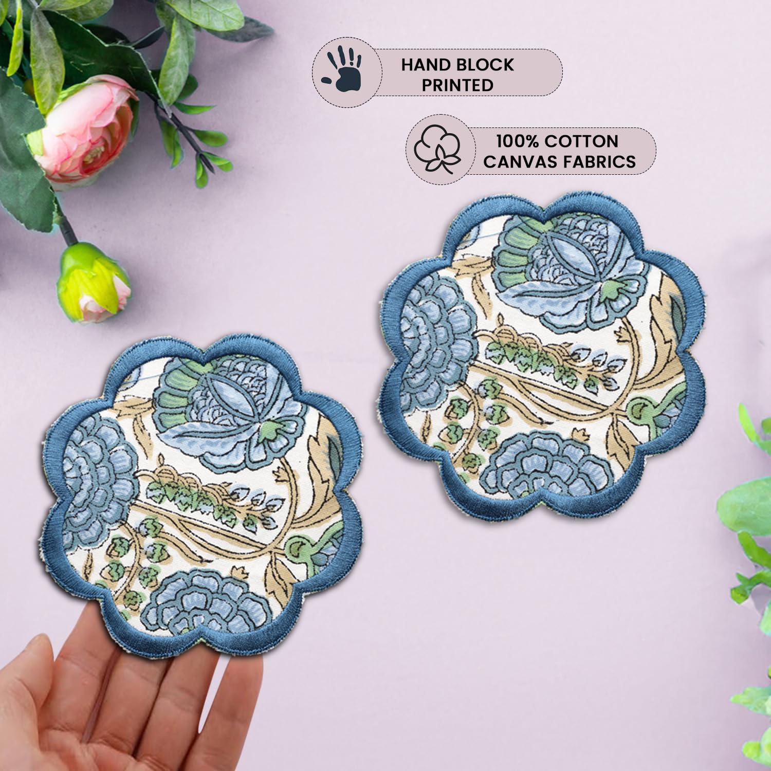 Ridhi Hand Block Print 8- pcs Canvas Cotton Drink Absorbent Stylish Embroidery Scallop Coaster Set Boho Modern Home Decor and Wooden Table Protection 5 inch Asparagus Green - Image 5