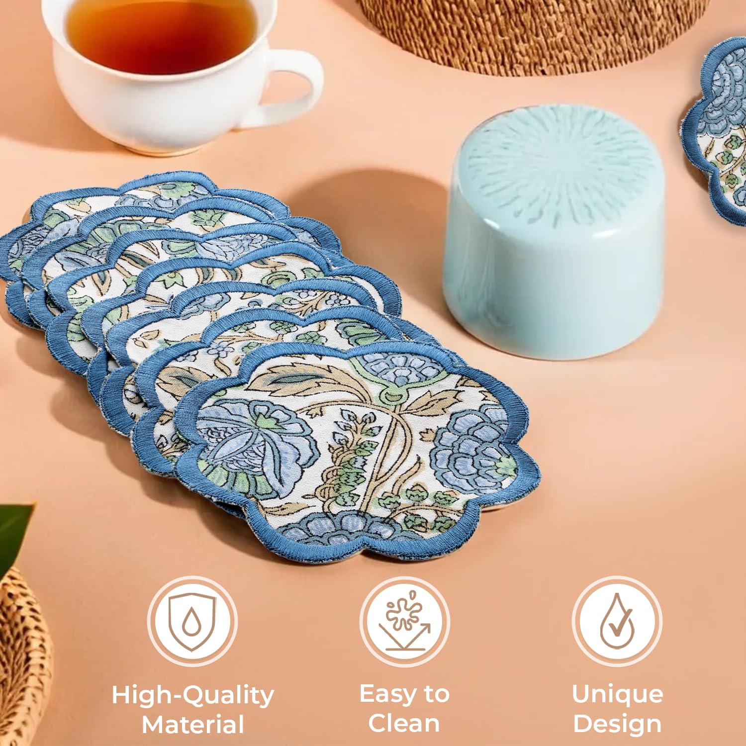 Ridhi Hand Block Print 8- pcs Canvas Cotton Drink Absorbent Stylish Embroidery Scallop Coaster Set Boho Modern Home Decor and Wooden Table Protection 5 inch Asparagus Green - Image 6