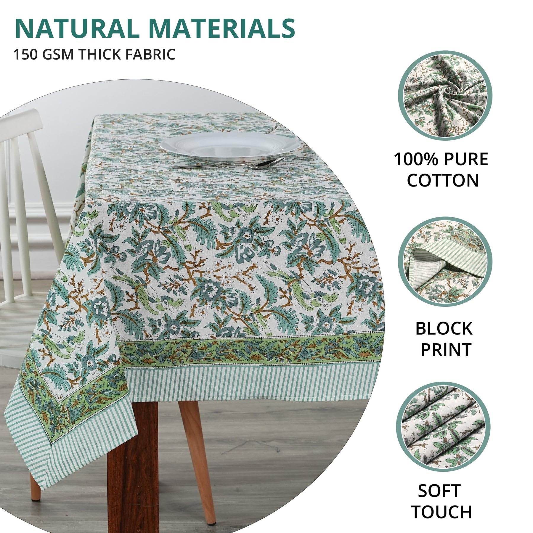 Ridhi Hand Block Print Cotton Tablecloth Set of 2 – Basil Green & Sage Russian Green 60x90 Inch Rectangular – 100% Cotton Washable Floral Table Covers for Dining Room, Farmhouse, Wedding, Spring, East - Image 9