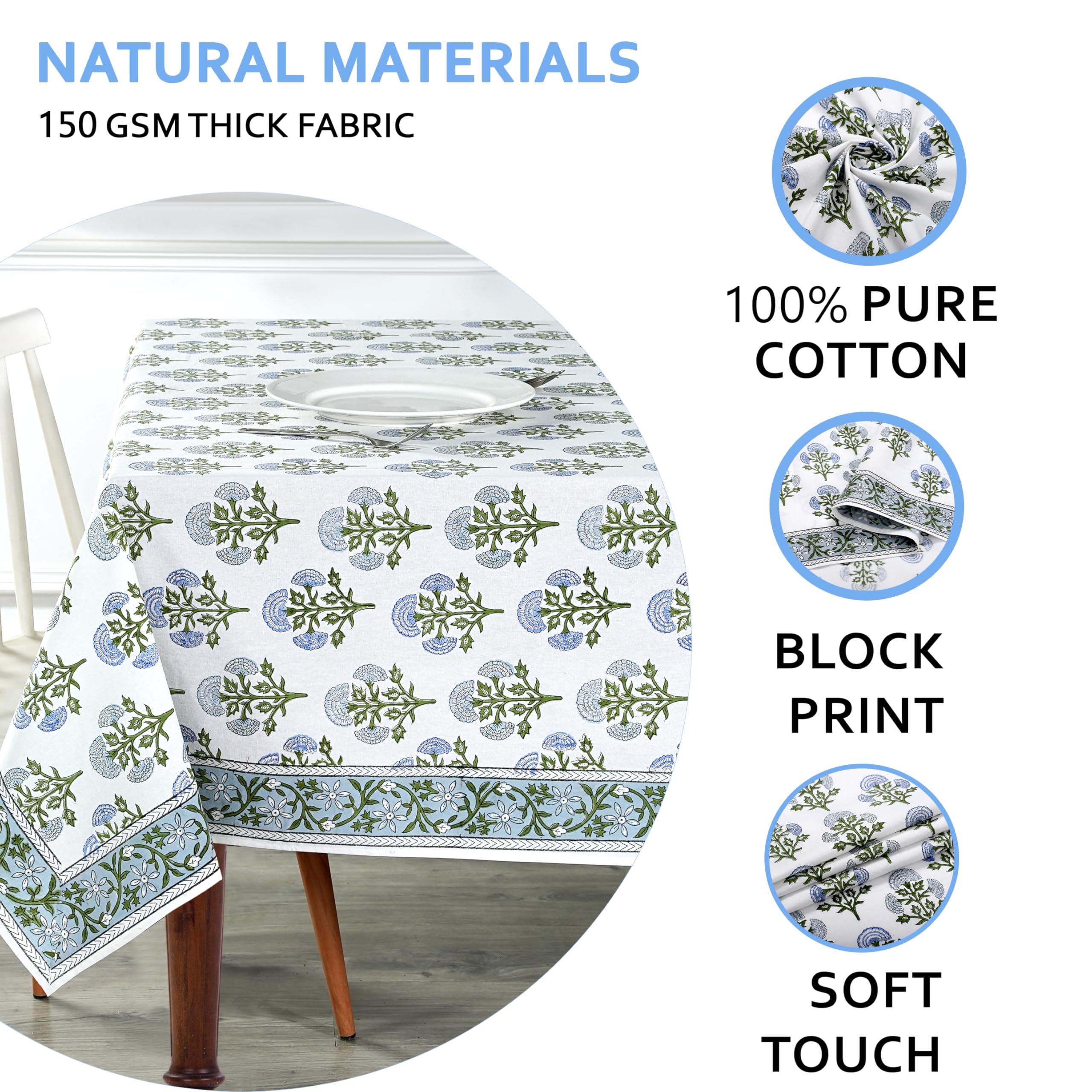 Ridhi Hand Block Print Cotton Tablecloth Set of 2 – Mughal Buta Blue & Steel Blue 60x60 Inch Square – 100% Cotton Washable Decorative Table Covers for Dining Room, Wedding, Farmhouse, Fall, Thanksgivi - Image 5