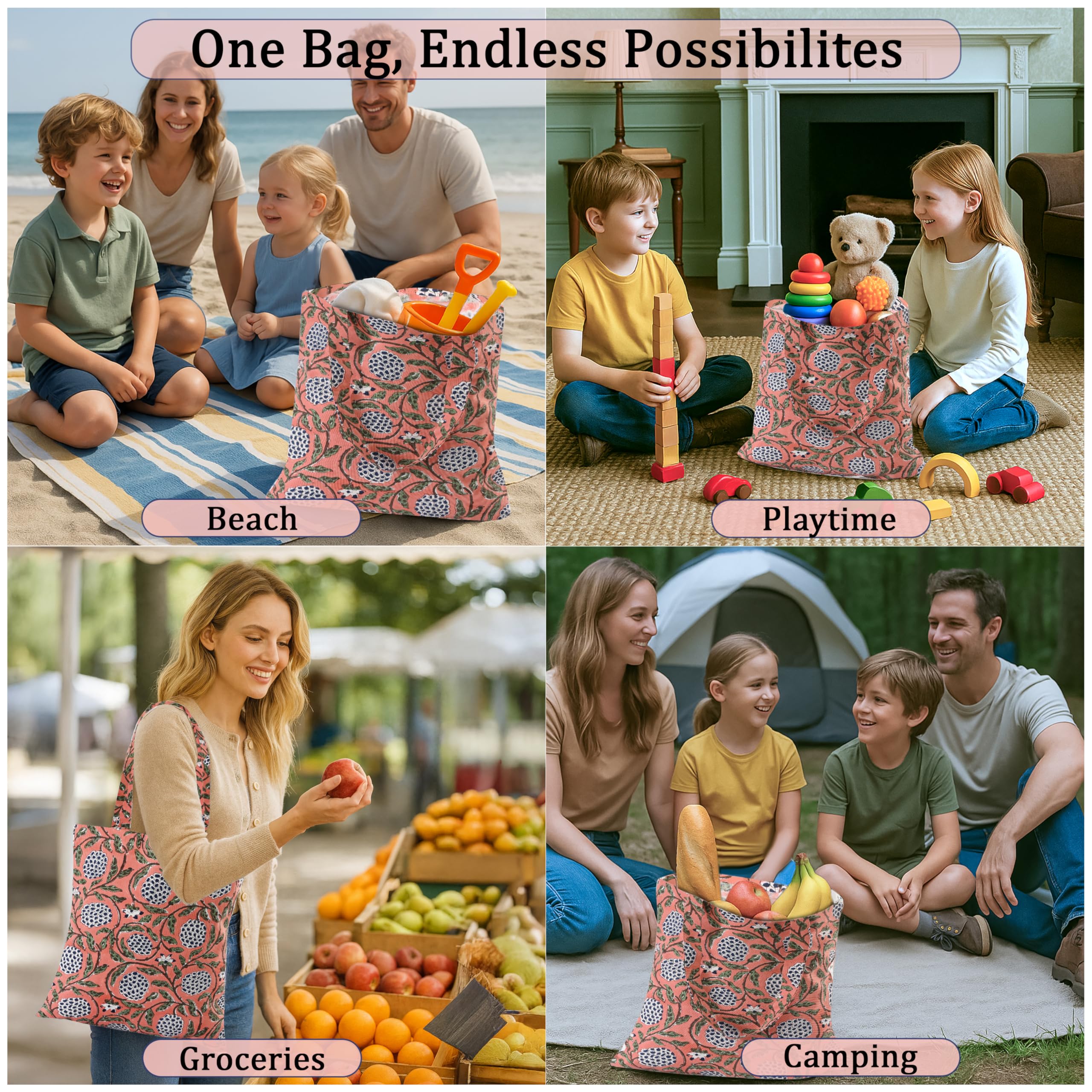 Ridhi Hand Block Printed Cotton Canvas Tote Bags For Women Set 2 15" x16” Floral Boho Reusable Shoulder Bag Gifts For Fall - Image 5