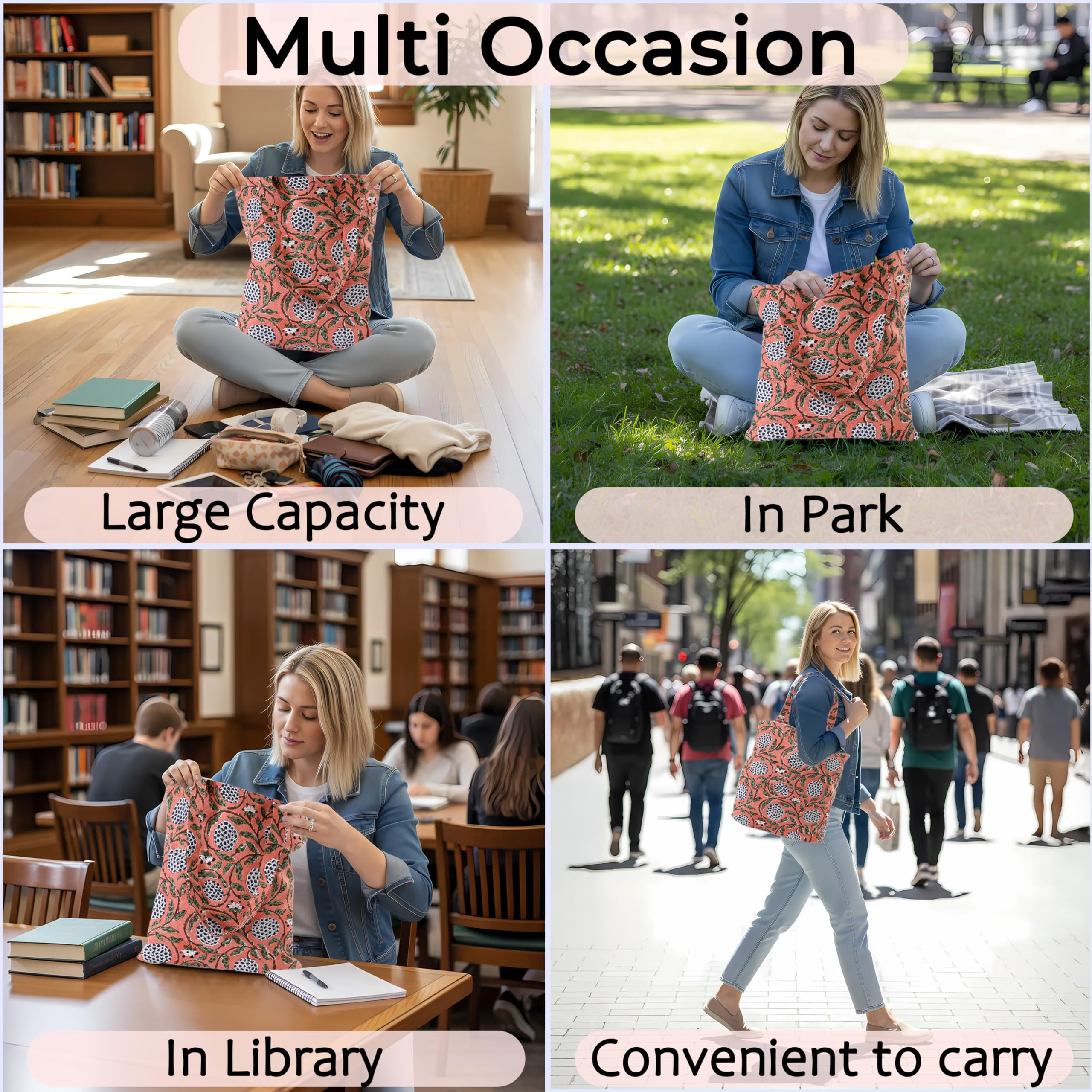 Ridhi Hand Block Printed Cotton Canvas Tote Bags For Women Set 2 15" x16” Floral Boho Reusable Shoulder Bag Gifts For Fall - Image 6