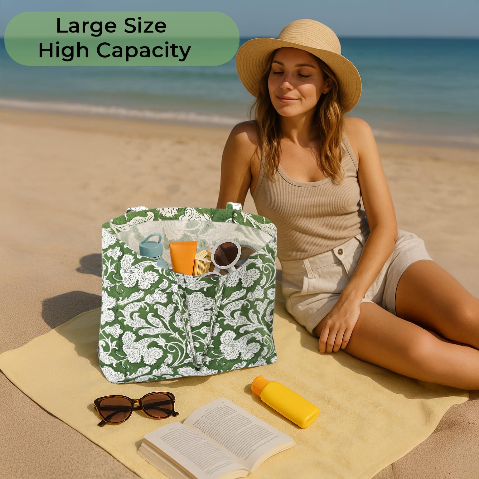 Ridhi Hand Block Printed Cotton Canvas Tote Bags For Women Set 2 15" x16” Floral Boho Reusable Shoulder Bag Gifts For Fall - Image 3