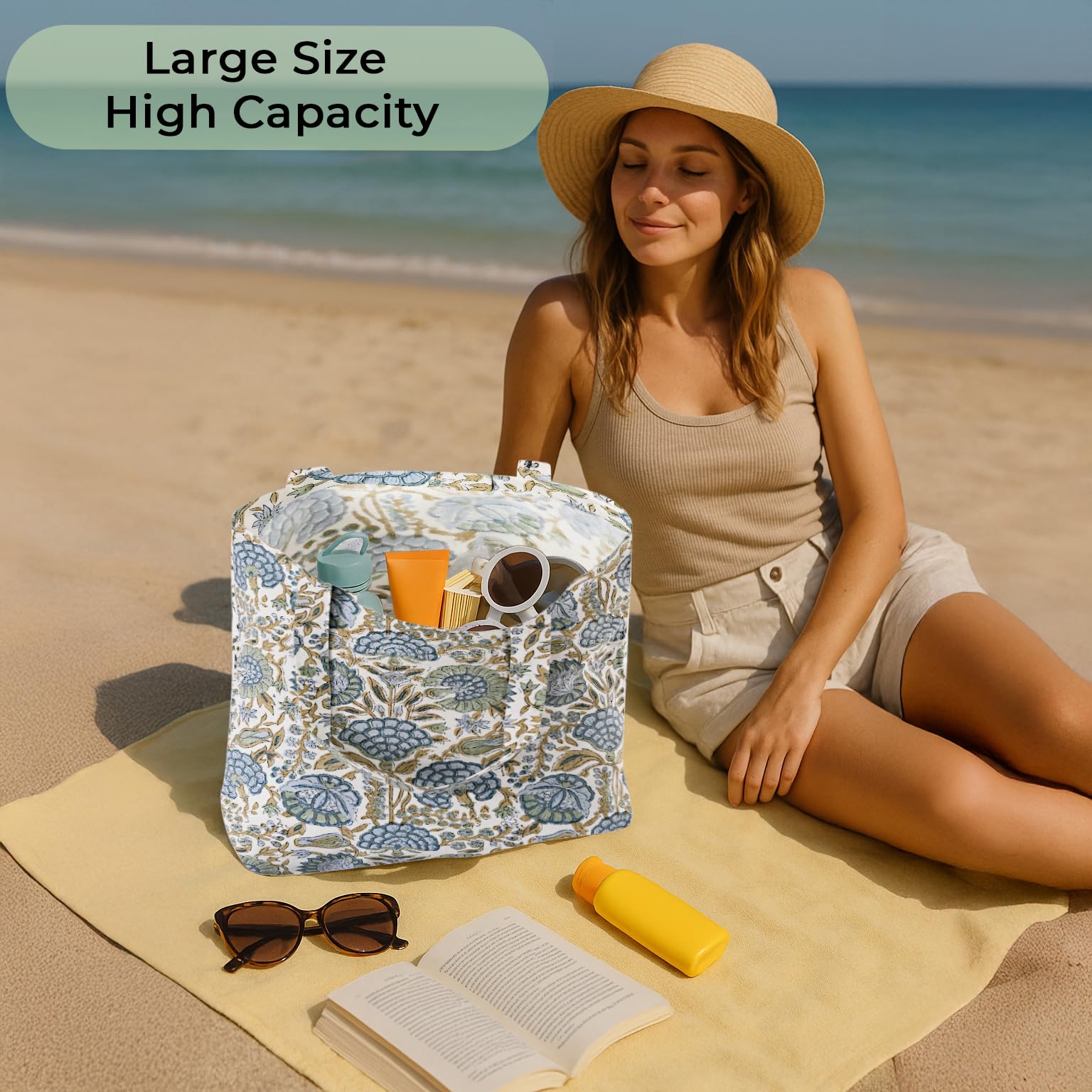 Ridhi Hand Block Printed Cotton Canvas Tote Bags For Women Set 2 15" x16” Floral Boho Reusable Shoulder Bag Gifts For Fall - Image 3