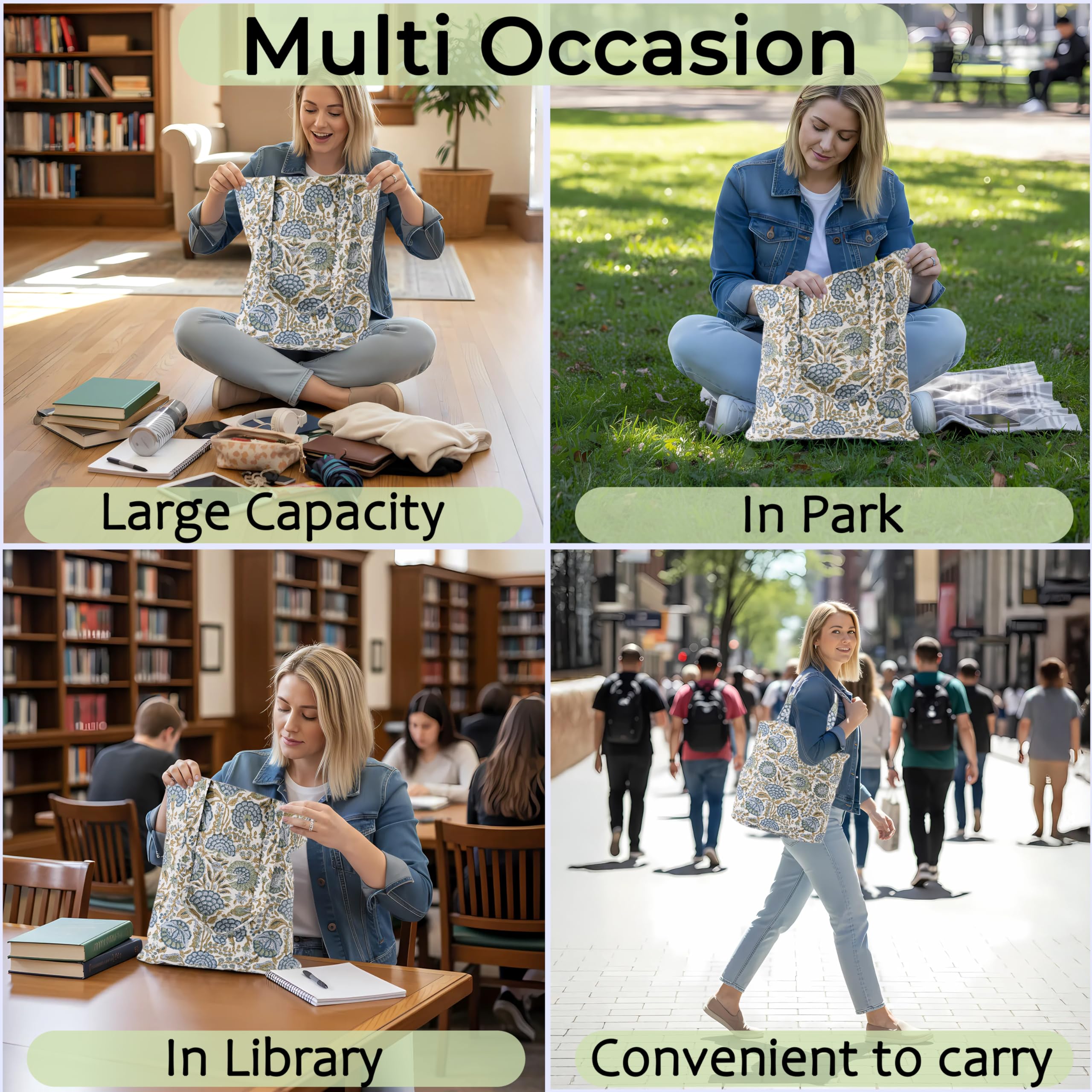 Ridhi Hand Block Printed Cotton Canvas Tote Bags For Women Set 2 15" x16” Floral Boho Reusable Shoulder Bag Gifts For Fall - Image 6